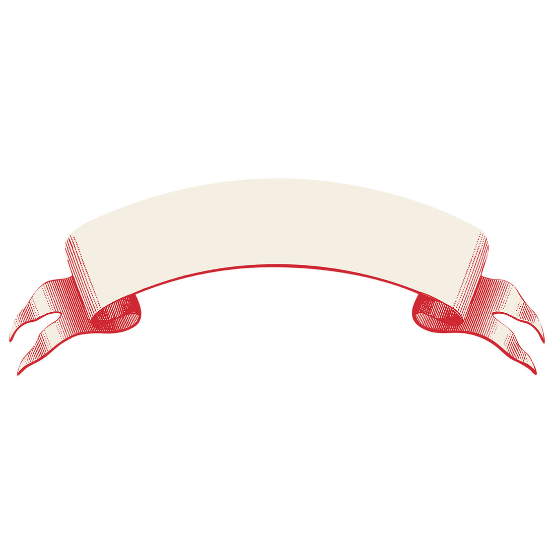 Classic Red Banner Table Accent featuring an illustration of a classic red banner featuring a blank, arched beige center with elegant red edges and curled ends—perfect for adding a custom message or serving as a unique table accent.