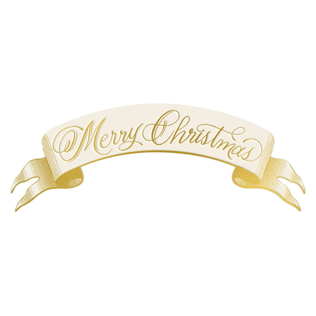 Merry Christmas Banner Table Accent featuring an illustration of a classic gold banner featuring an arched beige center with &quot;Merry Christmas&quot; in gold cursive lettering, elegant gold edges and curled ends.