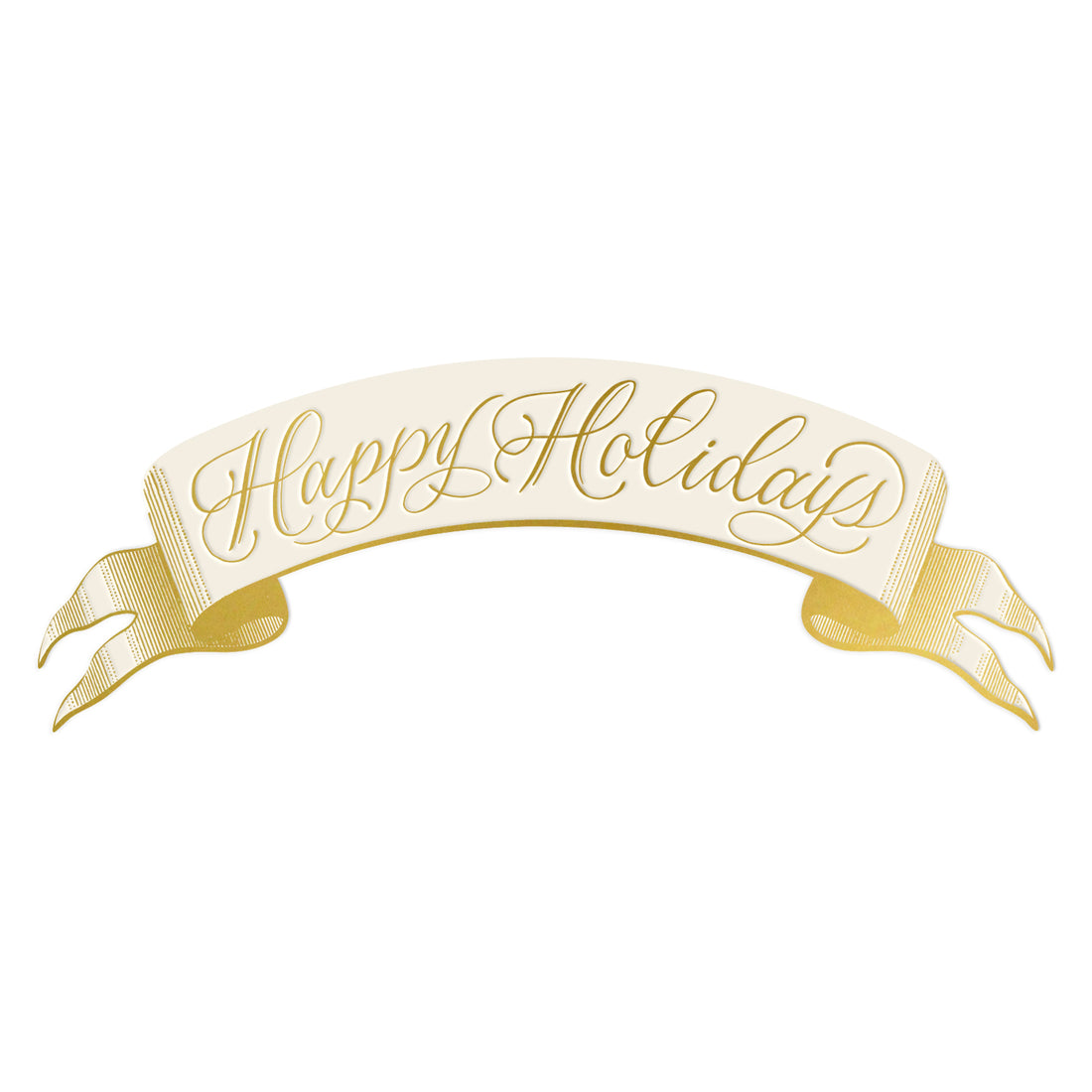 Happy Holidays Banner Table Accent featuring an illustration of a classic gold banner featuring an arched beige center with &quot;Happy Holidays&quot; in gold cursive lettering, elegant gold edges and curled ends.
