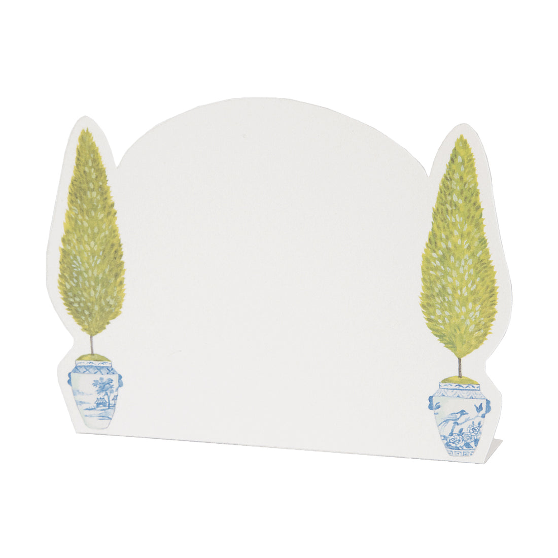 A white Hester & Cook Topiary place card with two potted trees on it.