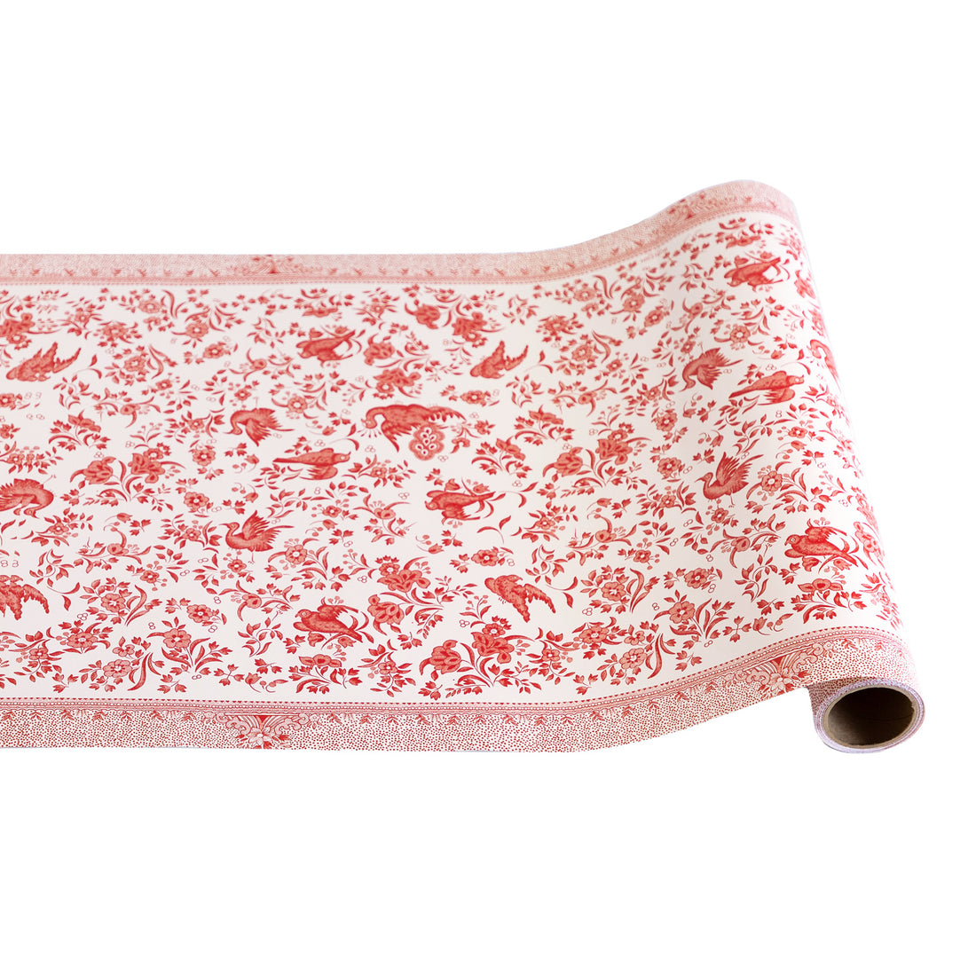 Red Regal Peacock Runner rolled out against a white background.