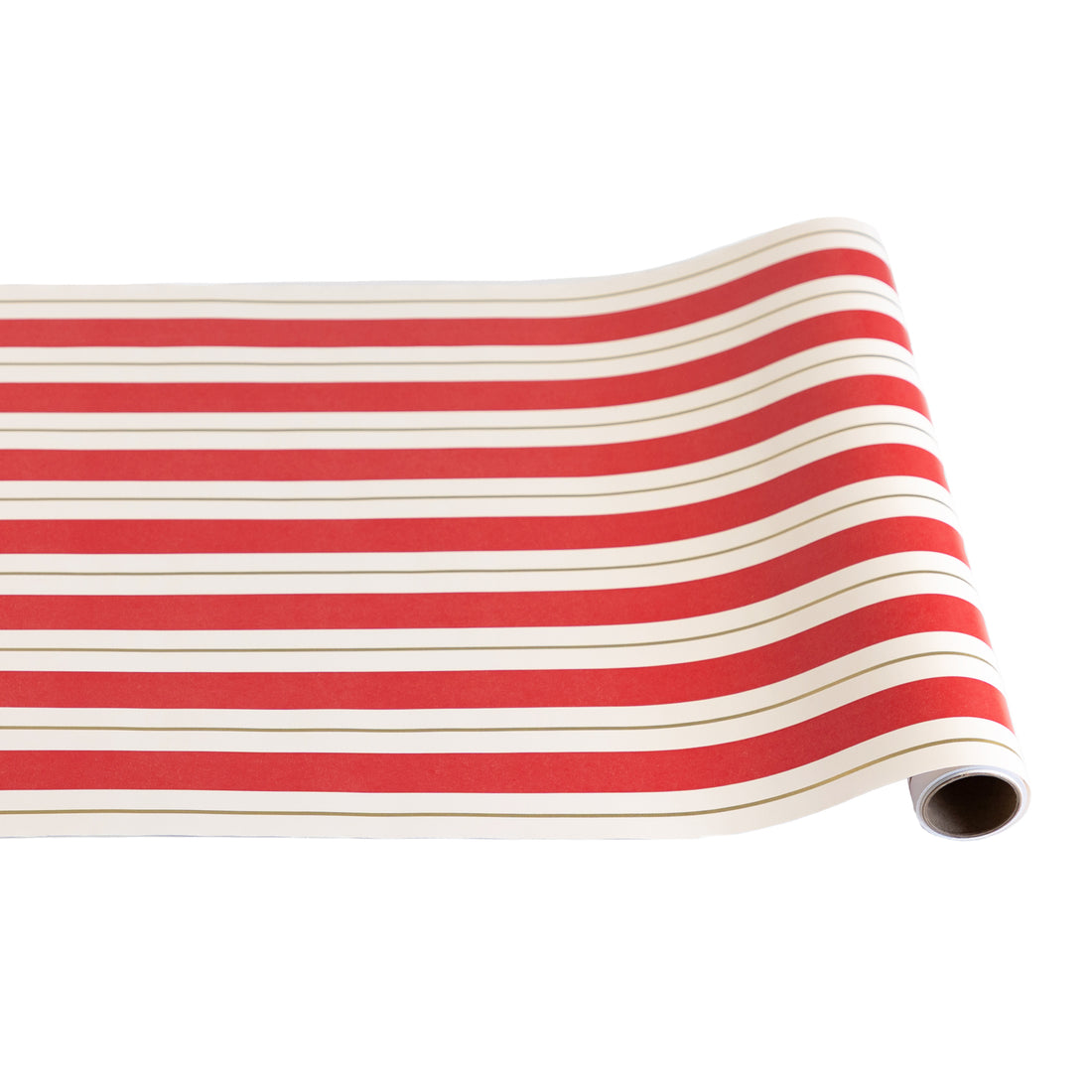 The Red & Gold Awning Stripe Runner rolled out, against a white background.