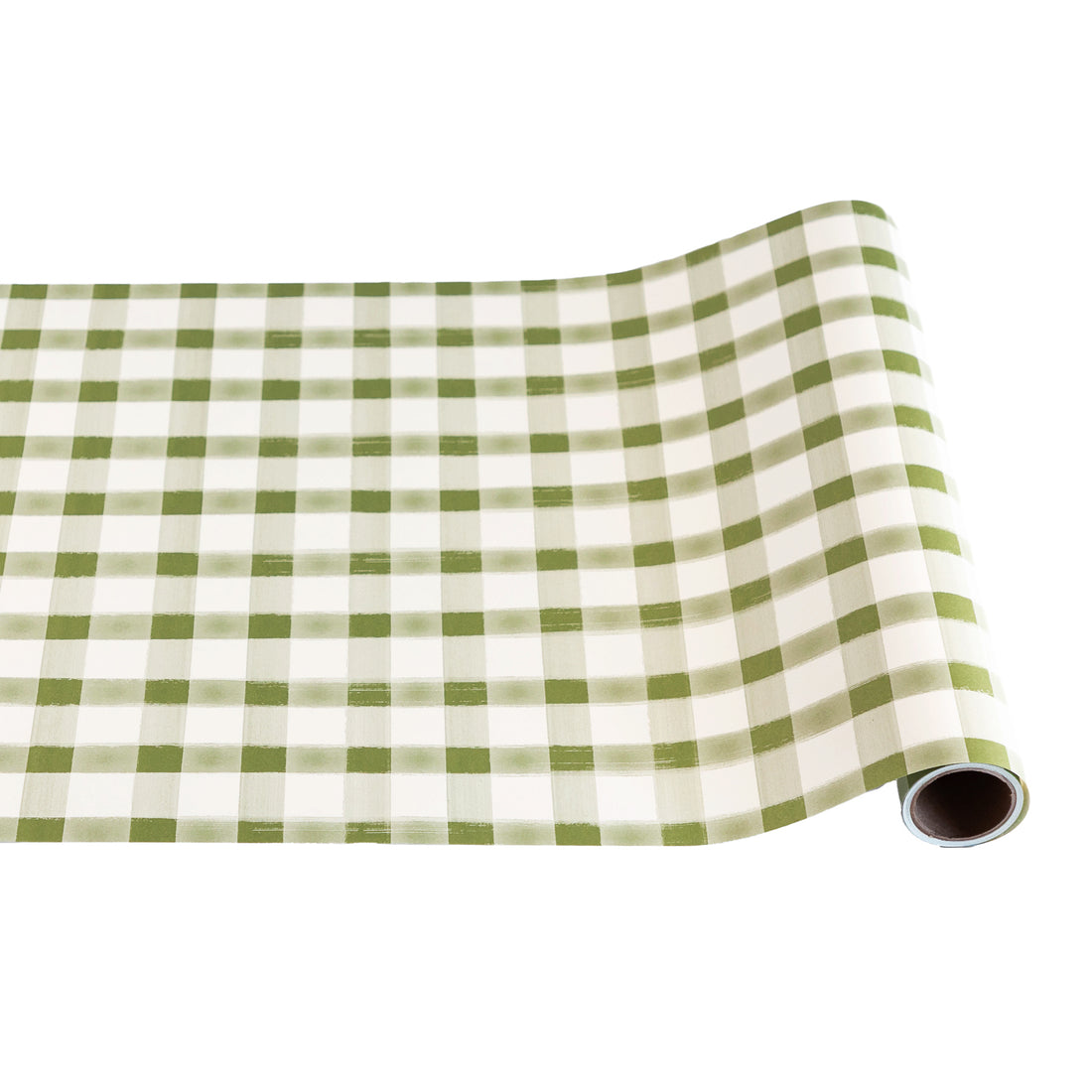 Moss Painted Check Runner rolled out against a white background.