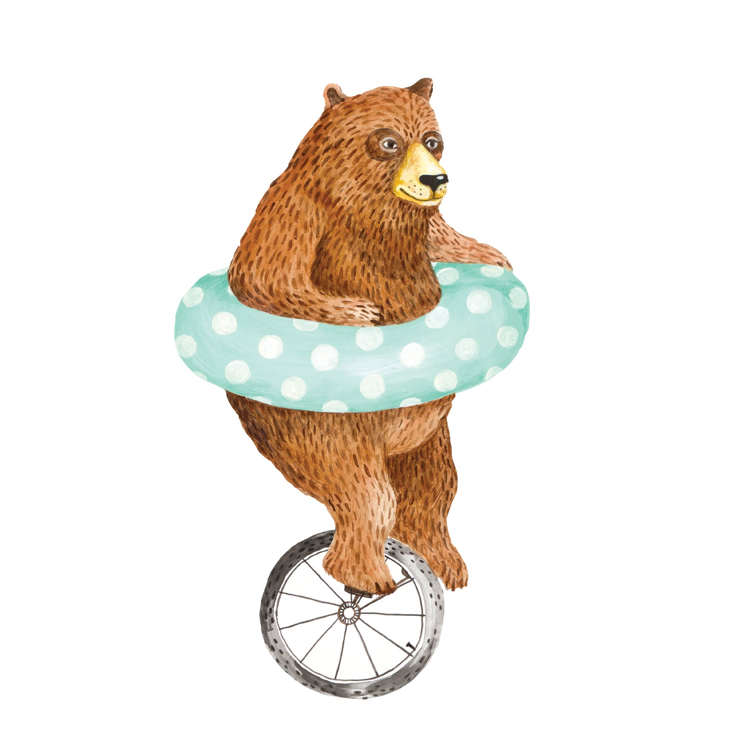 A bear illustrated balancing on a unicycle with a polka-dotted inner tube around its waist, featured as a Nice Wheels Bear Table Accent by Hester & Cook.