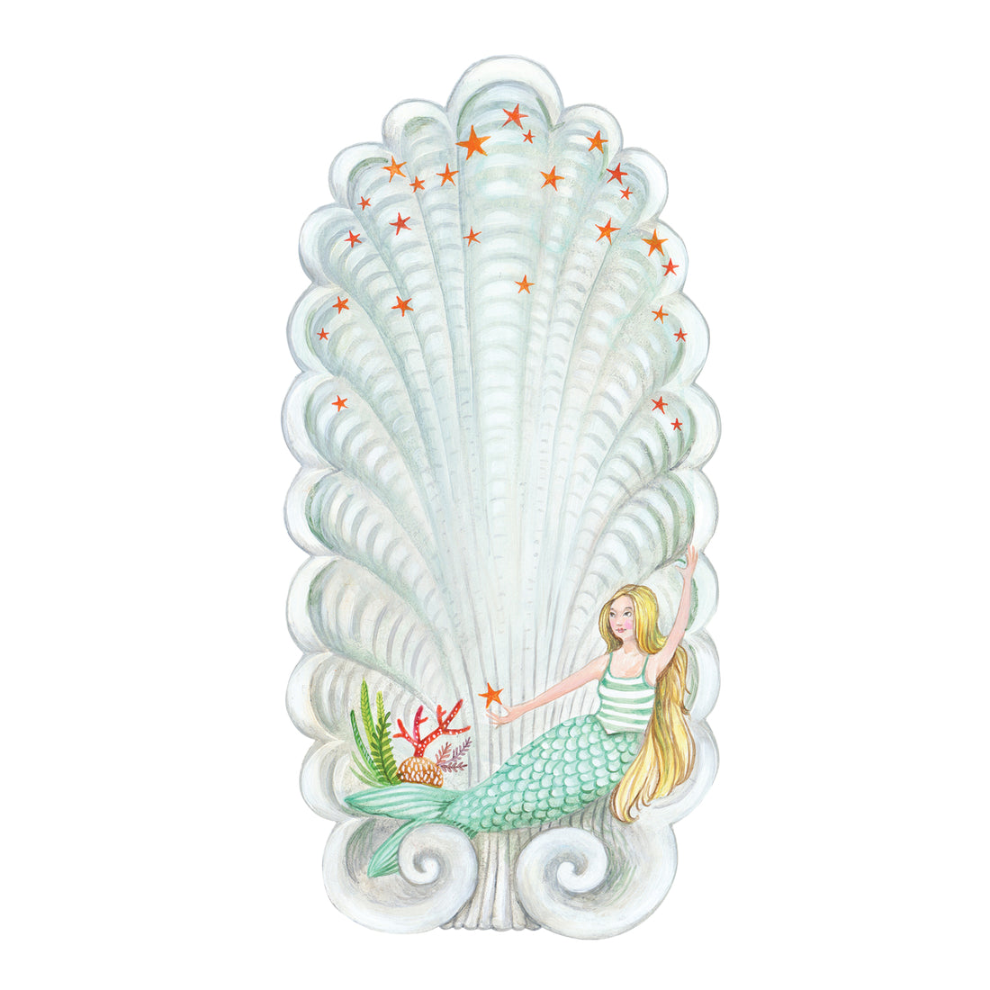 A whimsical die-cut illustration of a tall stylized shell with a teal mermaid resting in the base with some colorful coral.