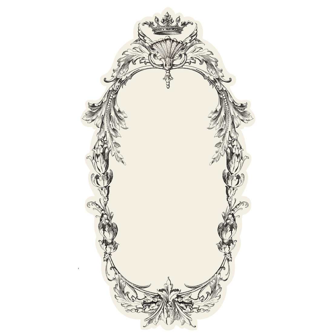 A white, die-cut table accent featuring an ornate engraving-style frame around the edges with open space in the middle for personalization.