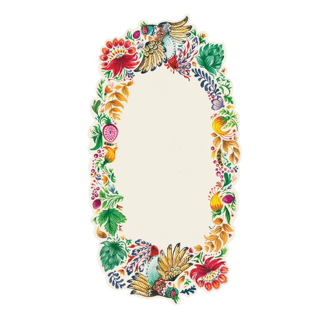 A hand-painted colorful floral design on a white Bountiful Frame Table Accent by Hester & Cook.