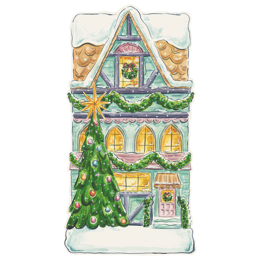 A die-cut whimsical illustration of a snow-covered three-story town home decorated with garlands and wreaths, and a tall Christmas tree standing in front of the home, with a blank snowy rectangle along the bottom for personalization. 