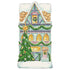 A die-cut whimsical illustration of a snow-covered three-story town home decorated with garlands and wreaths, and a tall Christmas tree standing in front of the home, with a blank snowy rectangle along the bottom for personalization. 