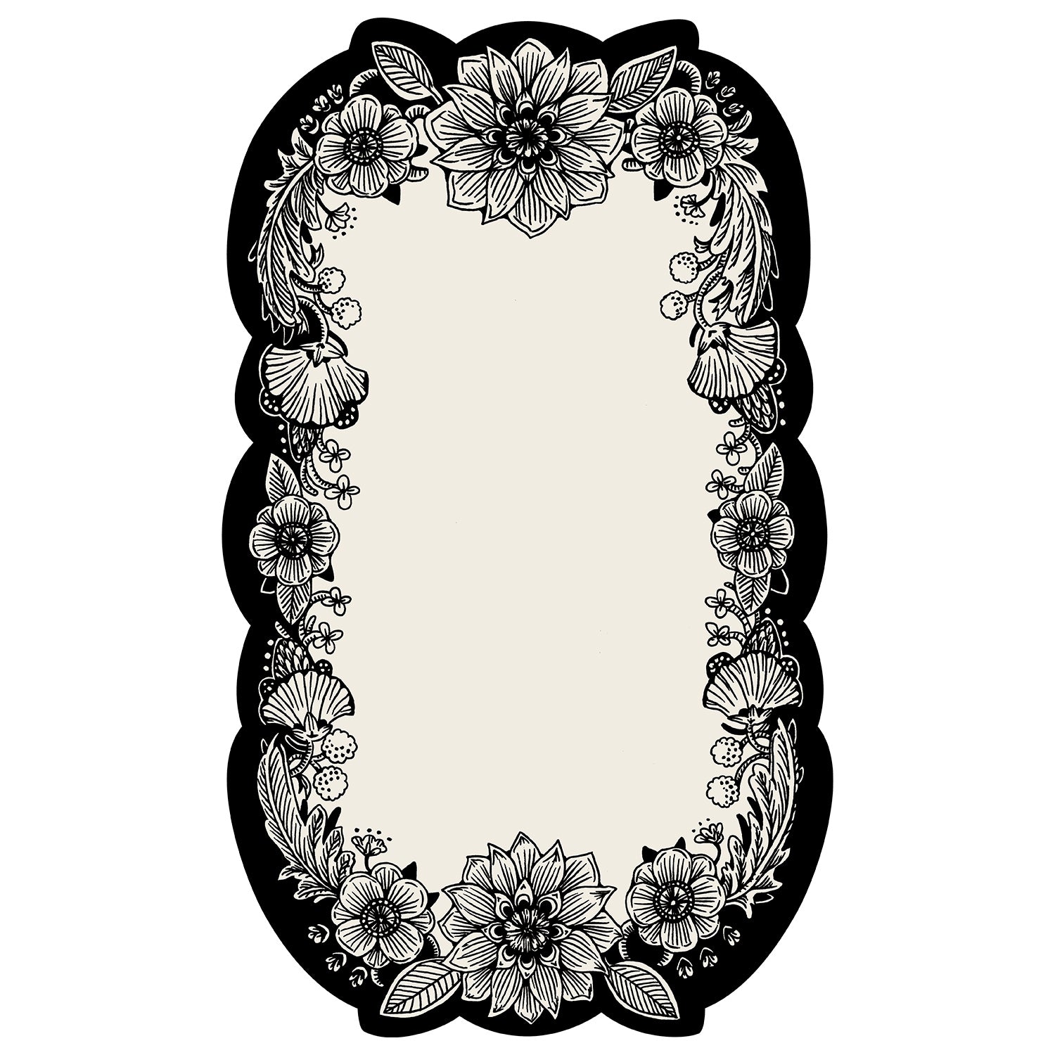 A white, die-cut rectangular card framed by an ornate floral design in black linework surrounding a blank white center rectangle for personalization.