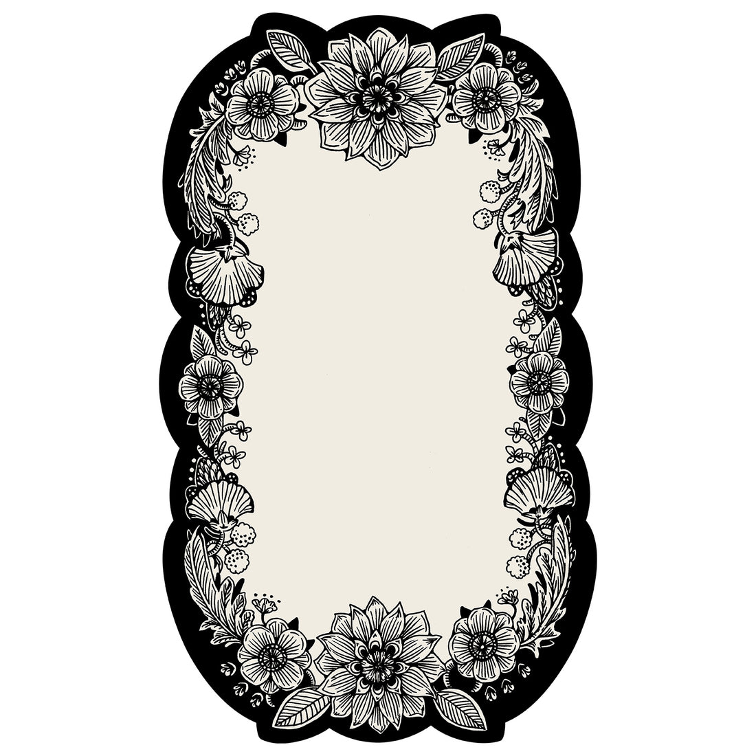 A white, die-cut rectangular card framed by an ornate floral design in black linework surrounding a blank white center rectangle for personalization.