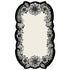A white, die-cut rectangular card framed by an ornate floral design in black linework surrounding a blank white center rectangle for personalization.