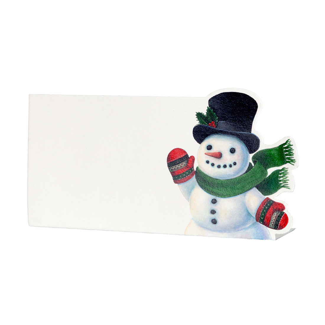 A blank, rectangular place card featuring an illustration of a waving, traditional snowman with a top hat, green scarf and gloves, on the right side.