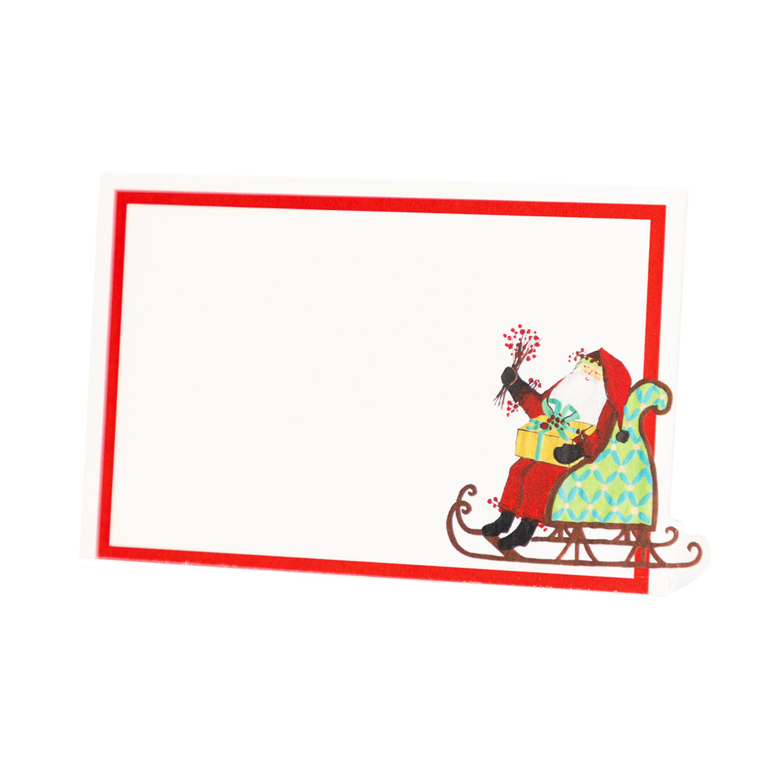 Cartoon Old St. Nick on a sleigh with presents, framed by a red border on a white background.