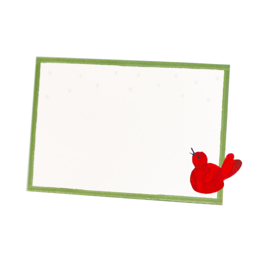 Red bird illustration on a white card with a green border.