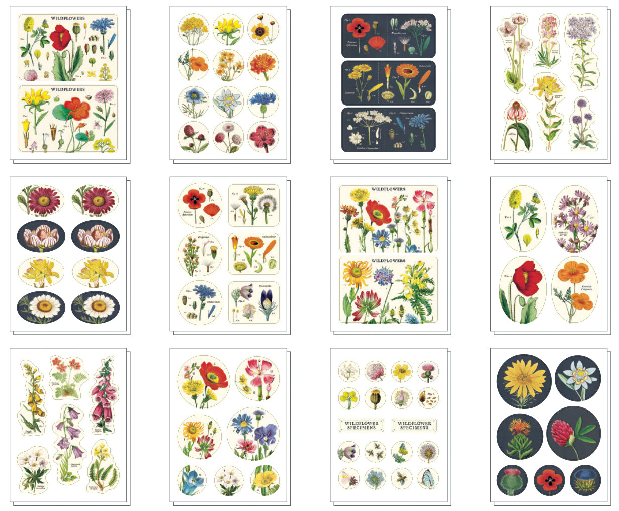 Wildflowers  5.25" x 4.75" tin containing a curated collection of vintage-inspired stickers featuring images from the Cavallini archives.