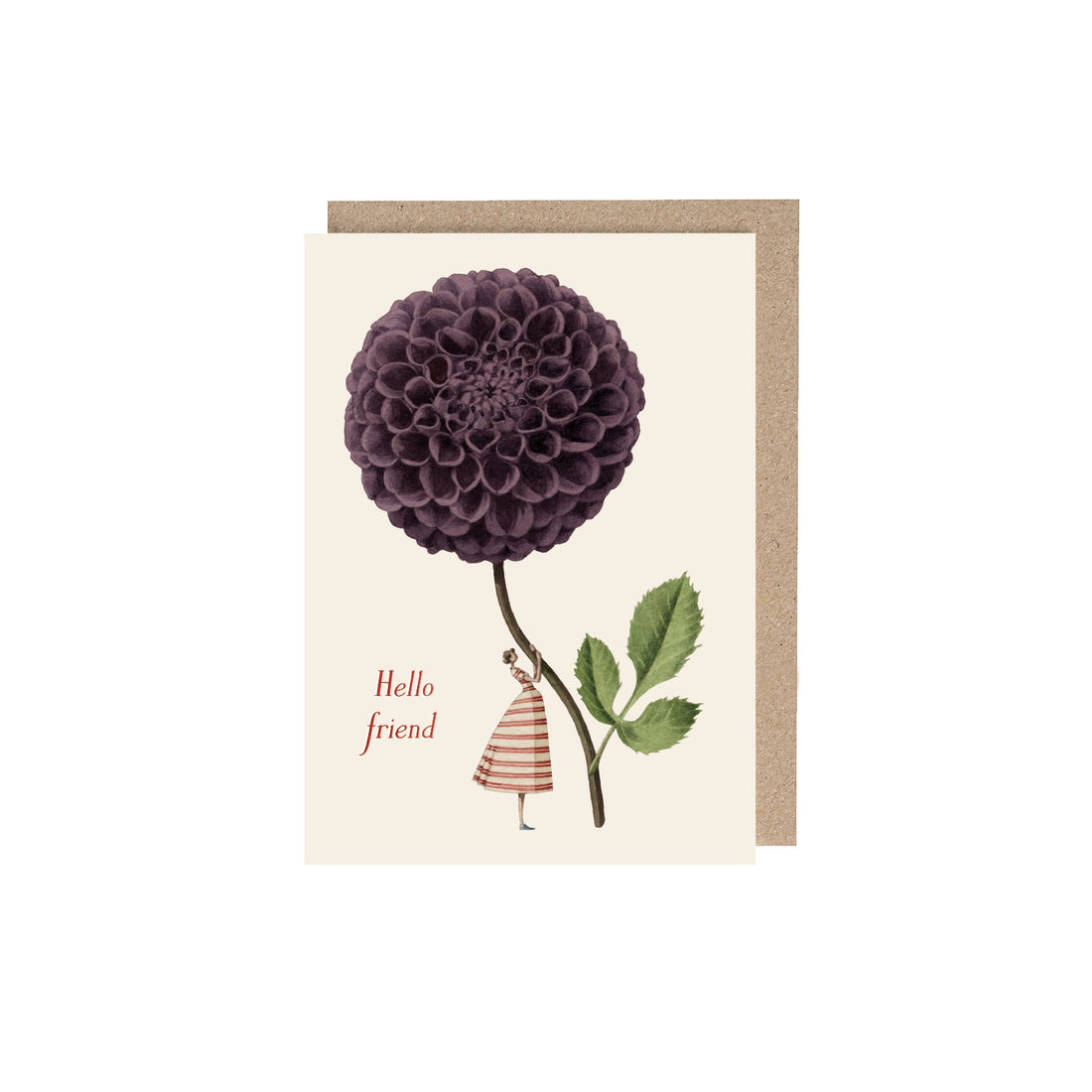 Purple Dahlia (Hello friend) Greeting Card featuring artwork of a woman holding a giant purple Dahlia and red text that says &quot;Hello friend&quot;.