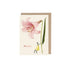 Pink Lily (With Love) Greeting Card featuring a woman holding up a giant pink Lily and red text that says "With Love".