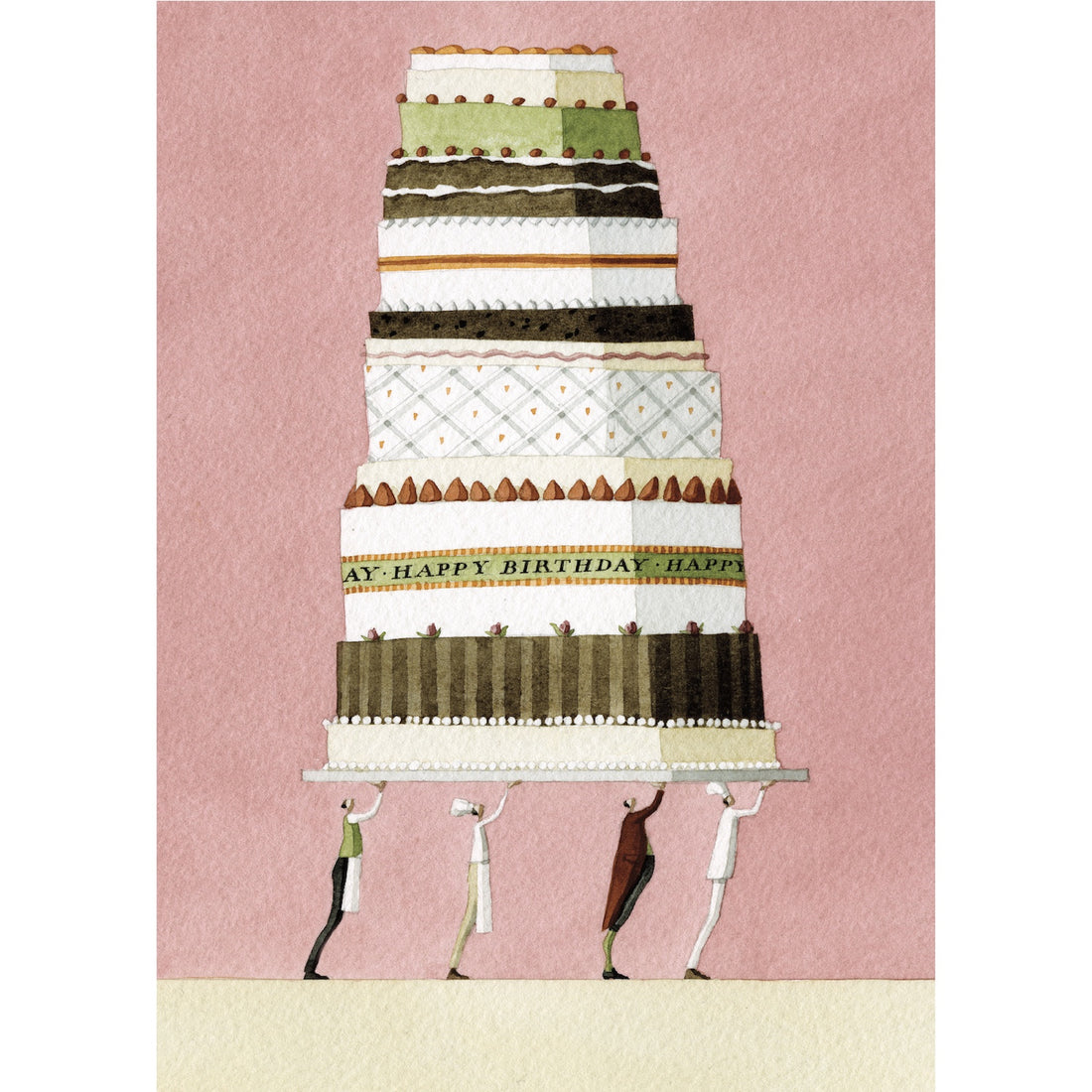A watercolor illustration of two miniature chefs and two miniature butlers holding up a giant, decorated cake with a strip that reads &quot;HAPPY BIRTHDAY&quot;.