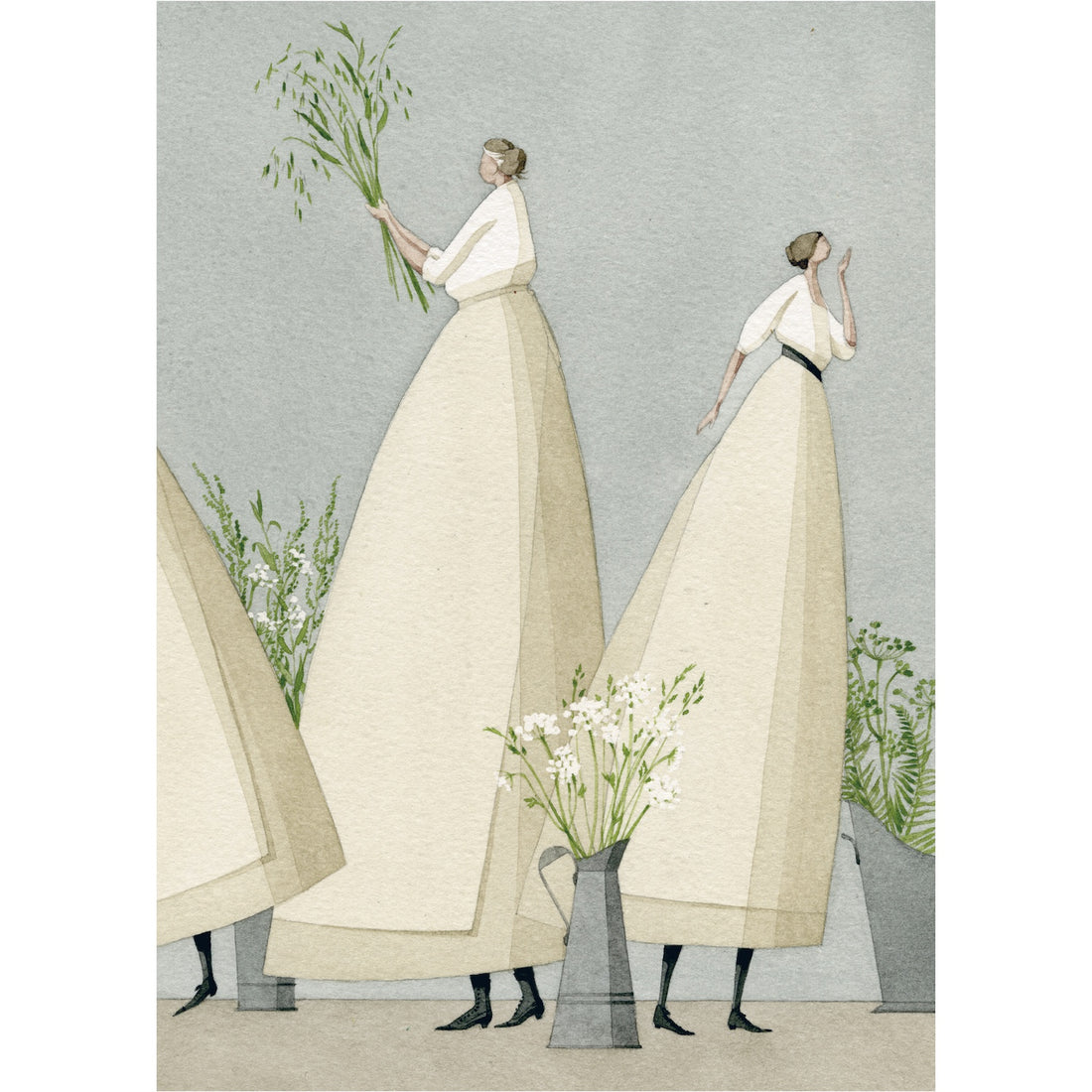 A watercolor illustration of two women in long, beige dresses standing amongst tall vases of green and white plants; one reaches up holding greenery, another touches her face.