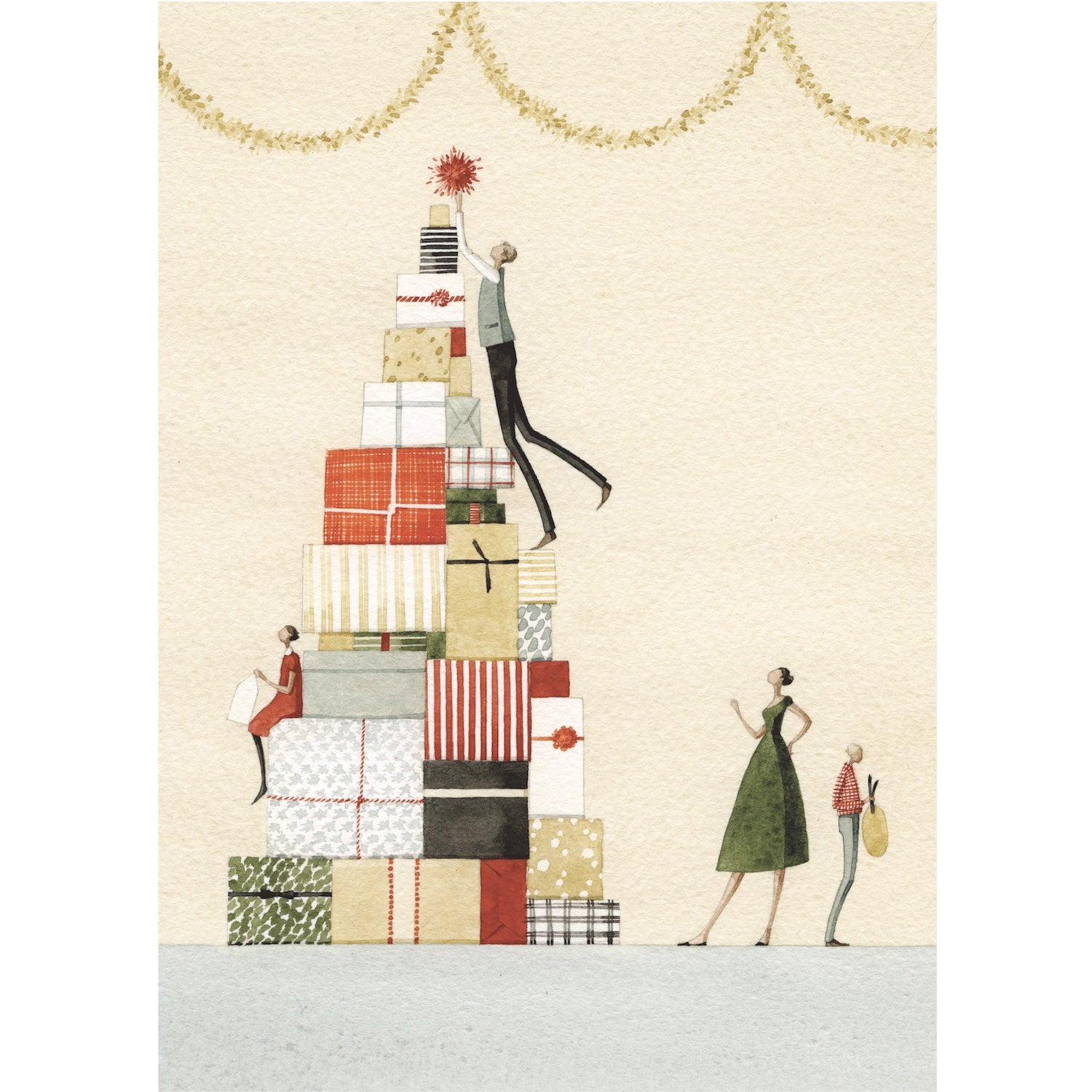 An illustration of a stacked pile of presents in the shape of a tree with a person sitting on them, one adding a star topper and two people on the ground; one looks up at the tree and another facing the opposite direction holding a gift tag.