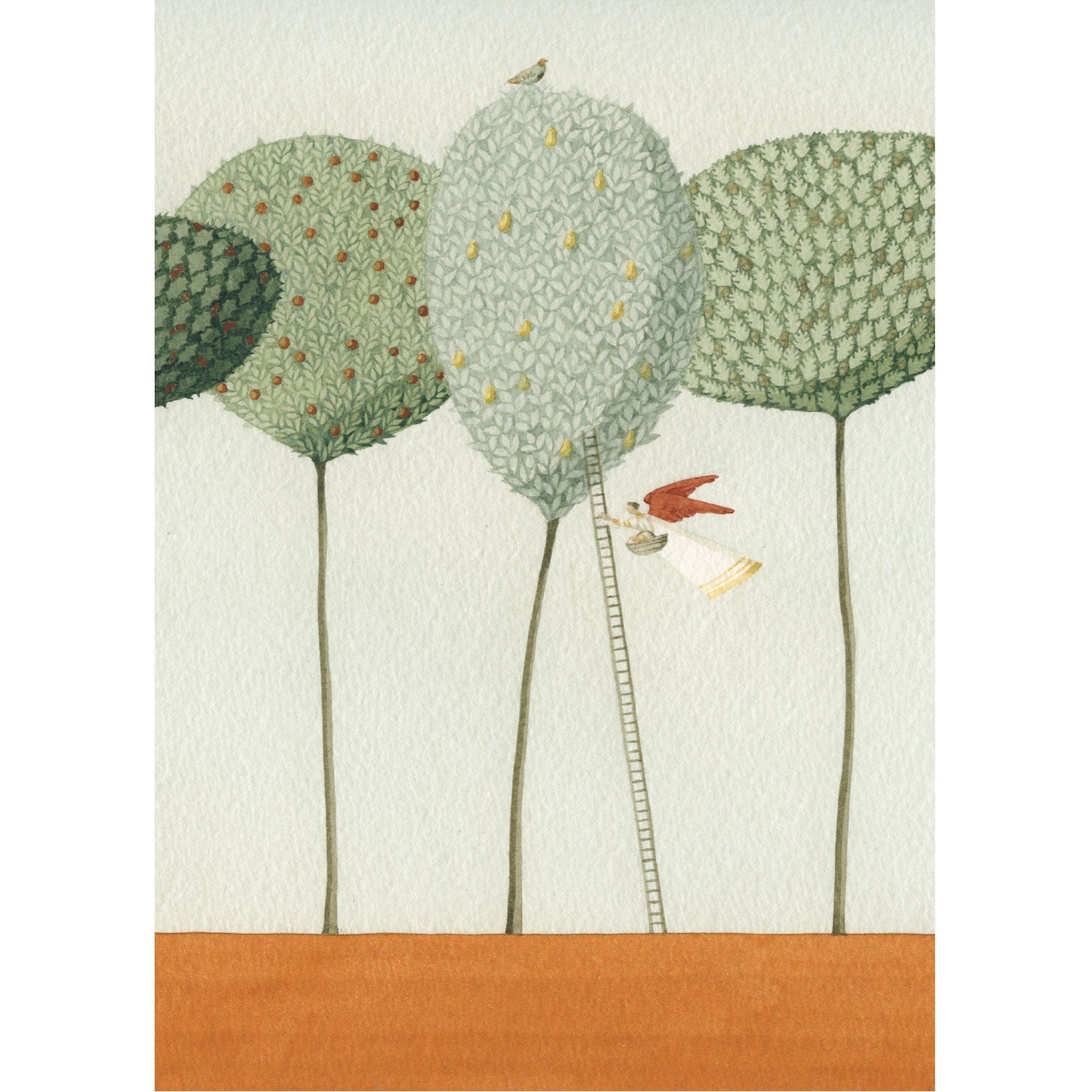 An illustration shows a miniature person with wings, carrying a basket and holding on to a tall ladder picking pears, with four stylized trees and a bird perched atop the tallest.