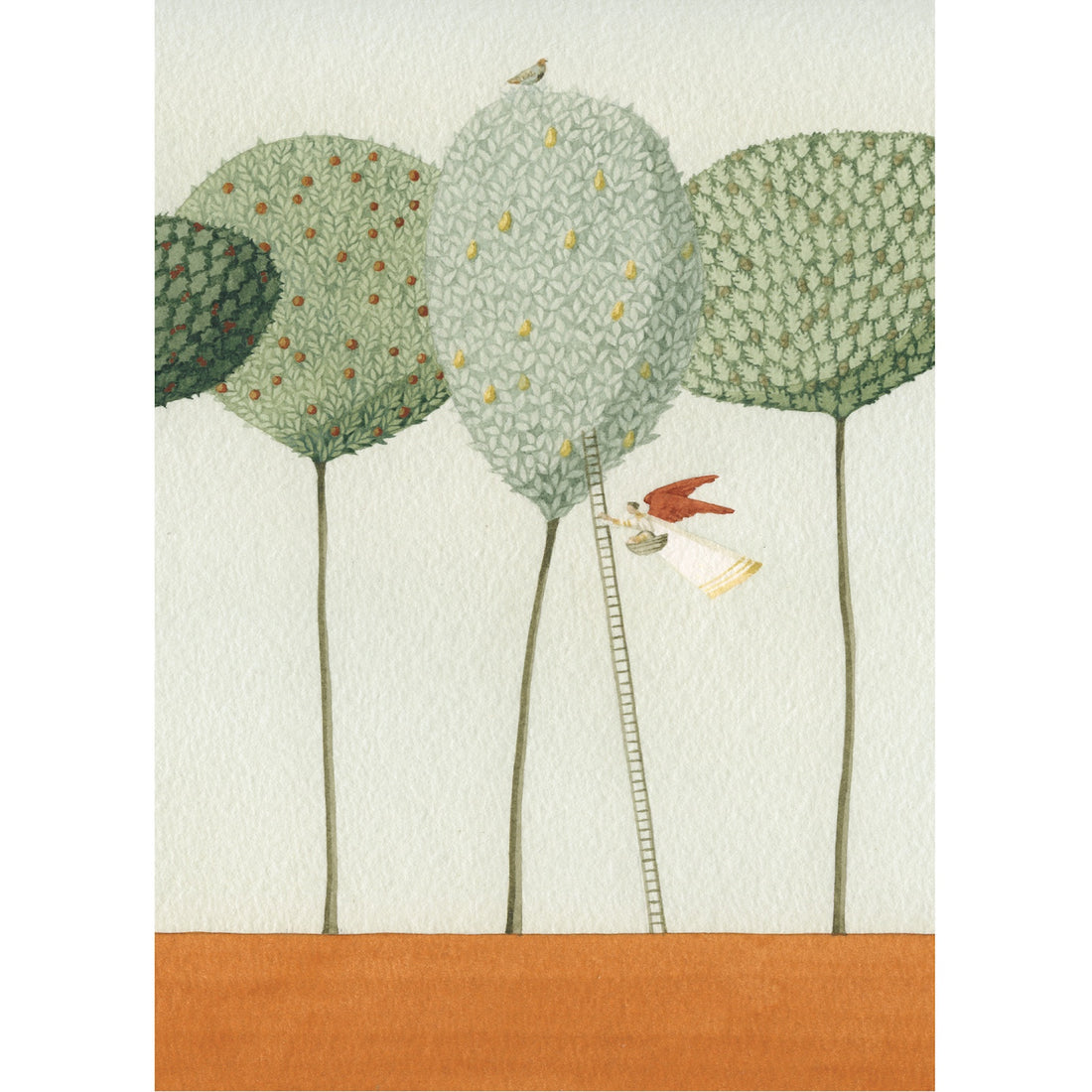 An illustration shows a miniature person with wings, carrying a basket and holding on to a tall ladder picking pears, with four stylized trees and a bird perched atop the tallest.