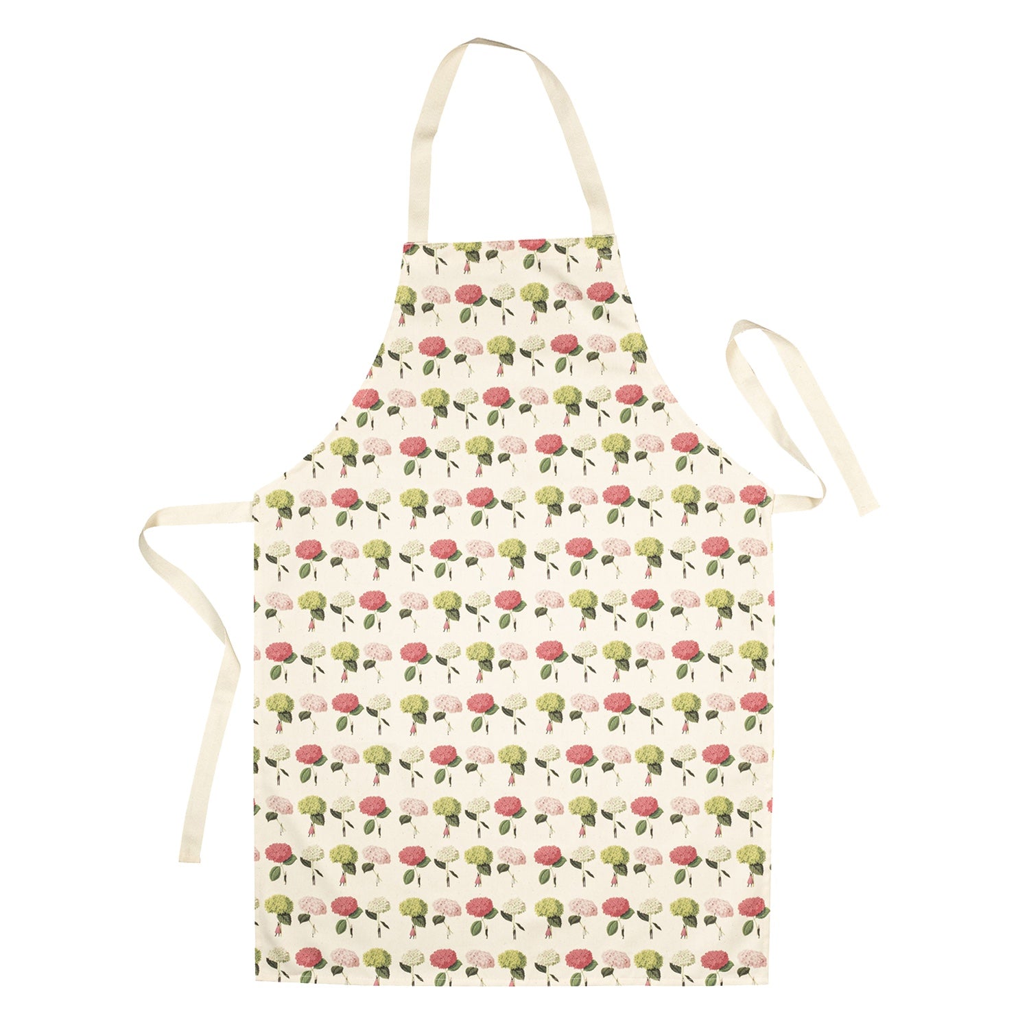 A linen apron patterned with illustrated tiny people holding gigantic hydrangea blooms by the stems, in pink, white and green.