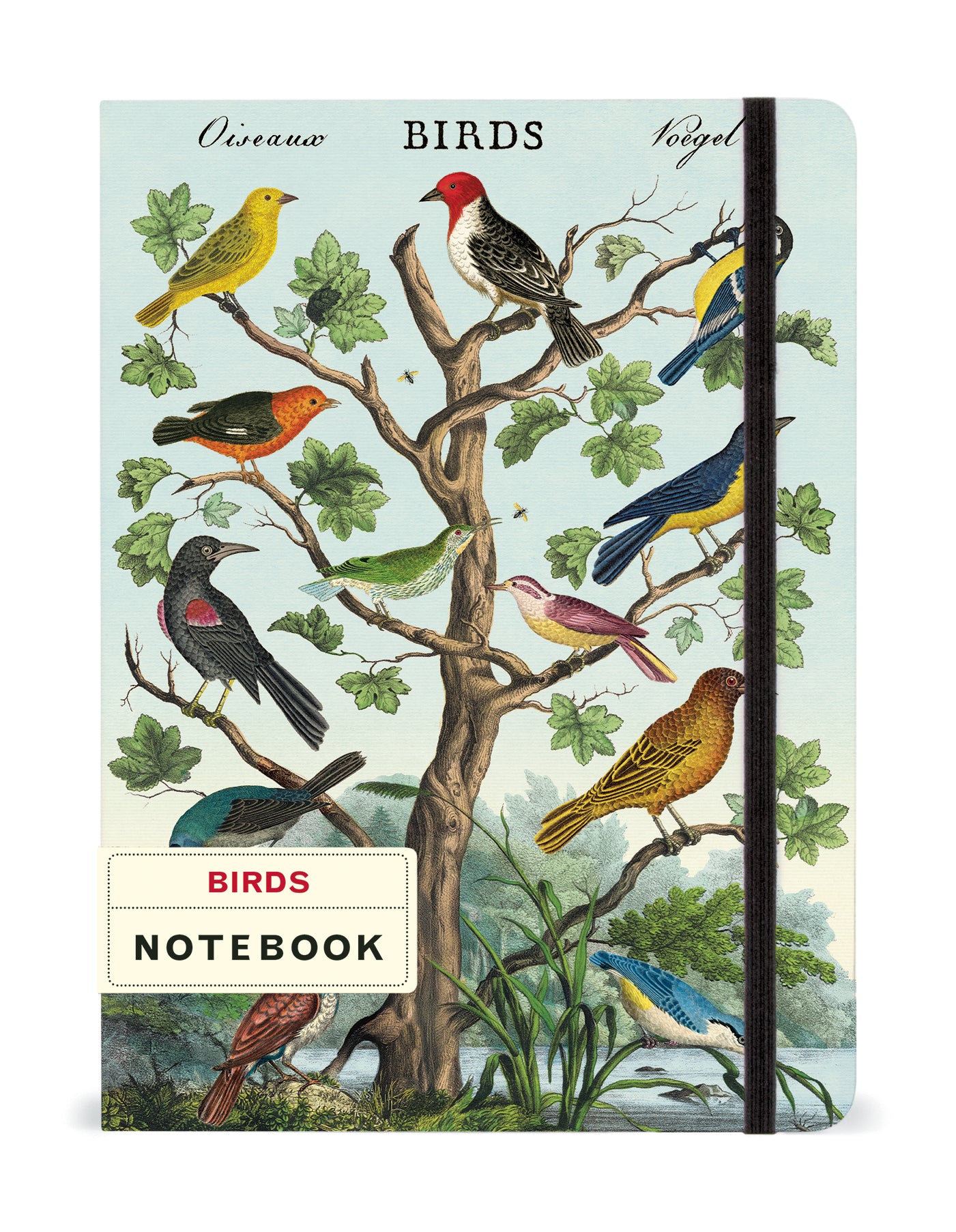 Birds Notebook with an elastic closure and a label that says "Birds" and "Notebook".