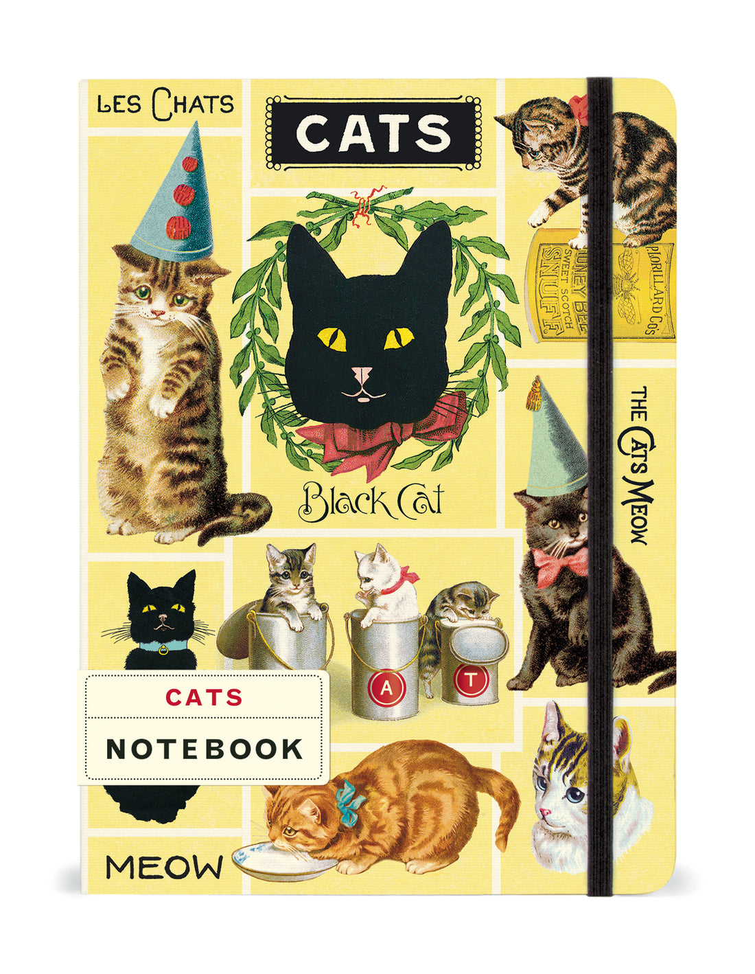 Cats Notebook by Cavallini with the label &quot;Cats&quot; and &quot;Notebook&quot; with an elastic closure on the right-hand side.