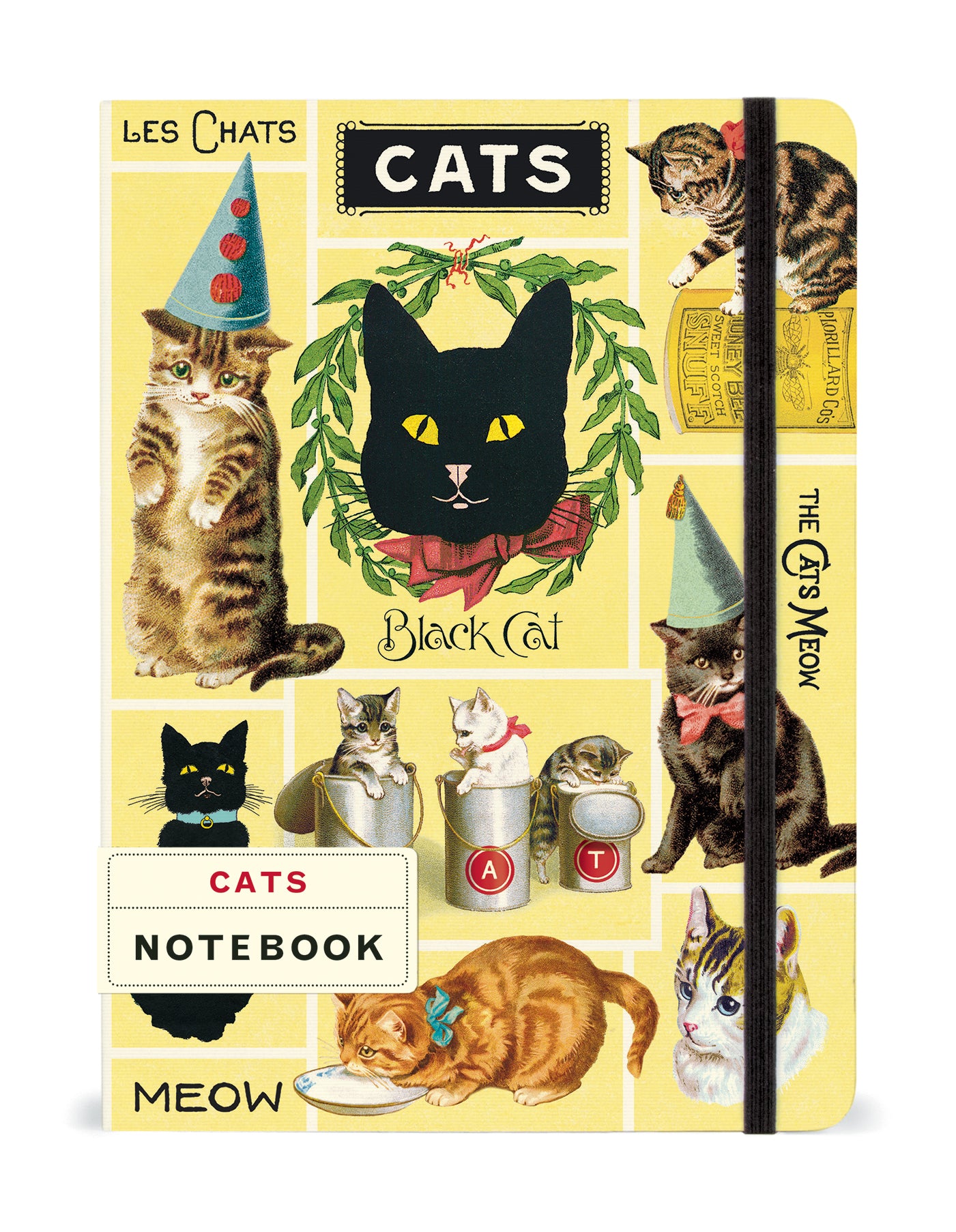 Cats Notebook by Cavallini with the label &quot;Cats&quot; and &quot;Notebook&quot; with an elastic closure on the right-hand side.