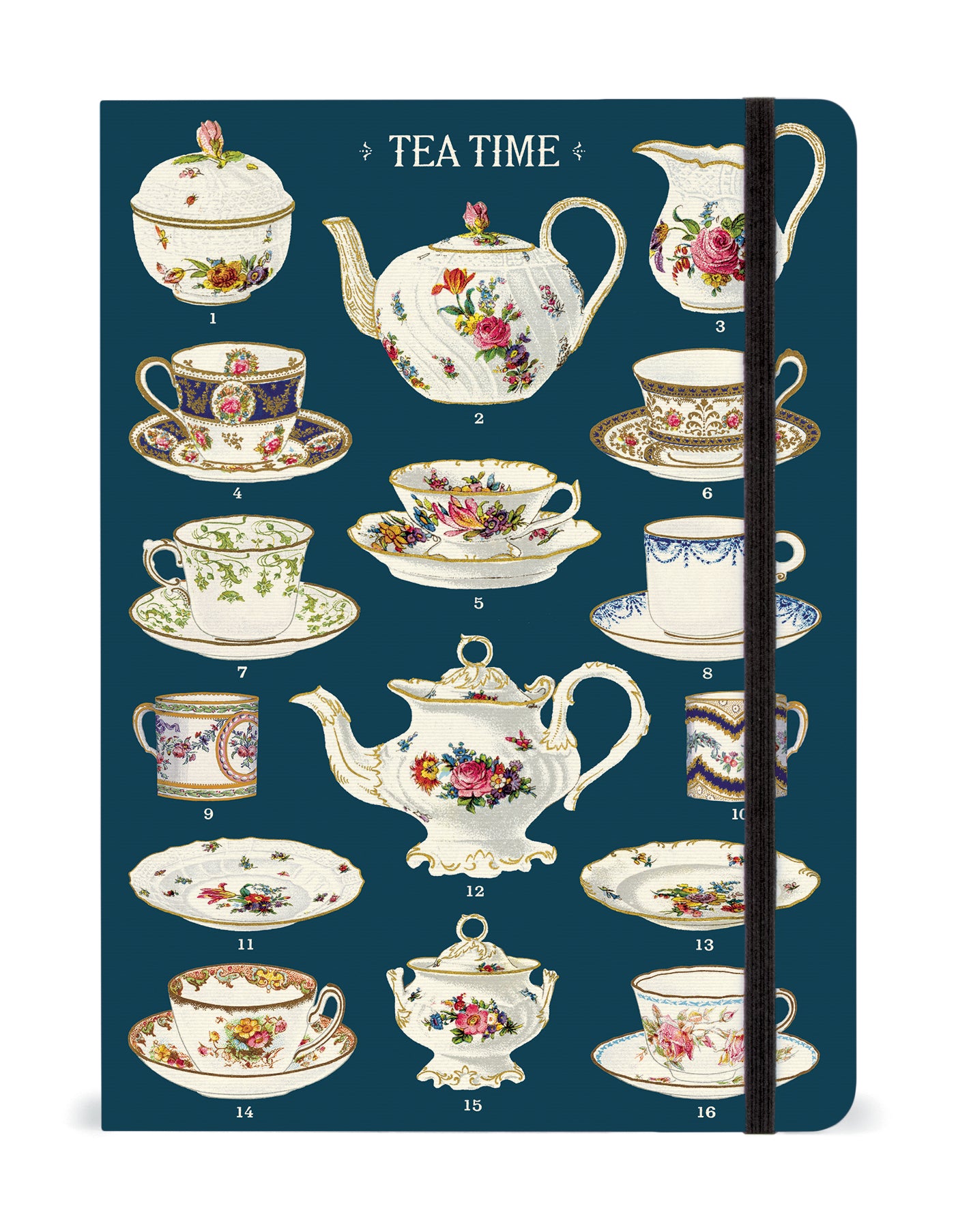 Tea Time Notebook with an elastic closure. by Cavallini featuring vintage images of china from the Cavallini archives.