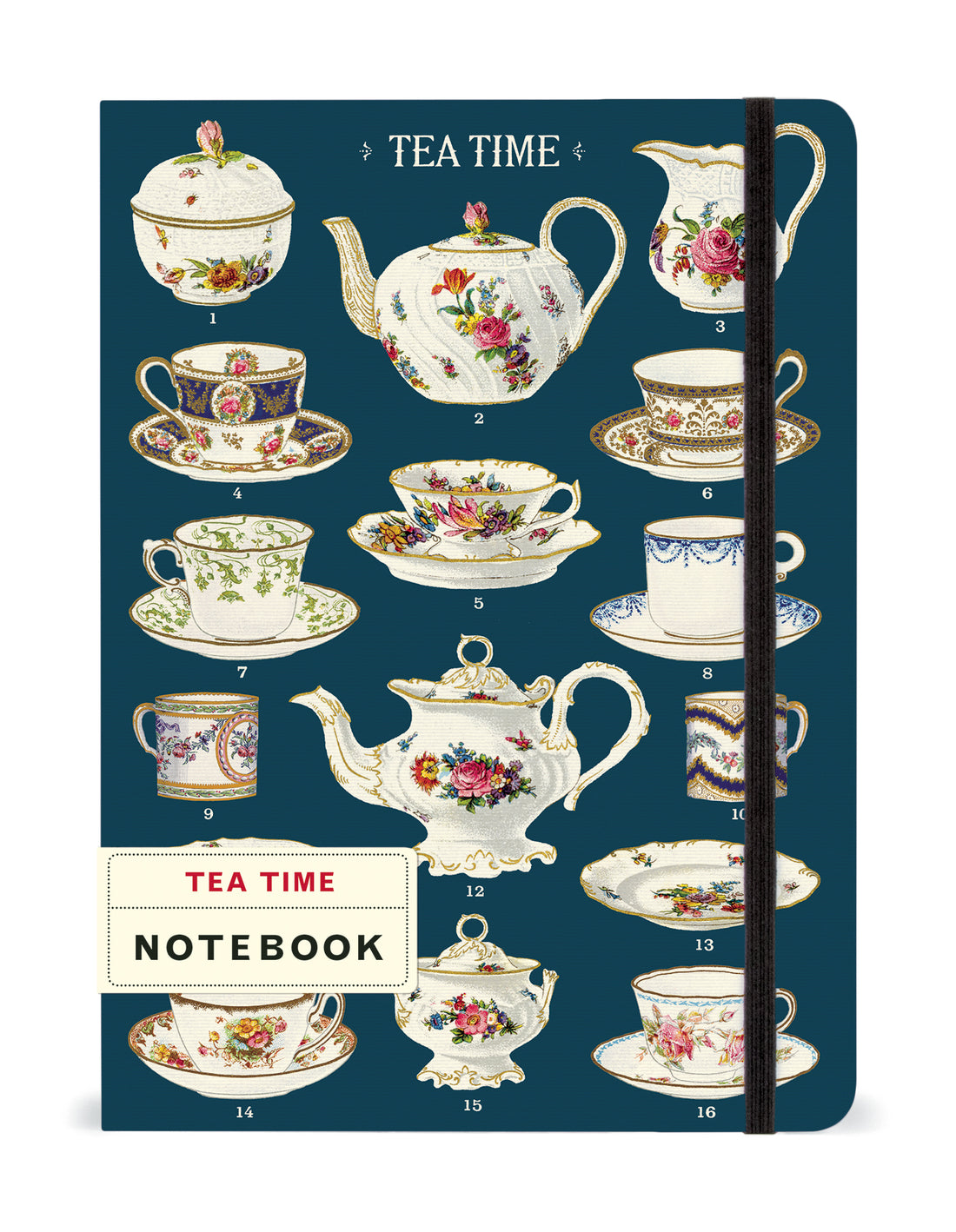 Tea Time Notebook with an elastic closure. by Cavallini featuring vintage images of china from the Cavallini archives.