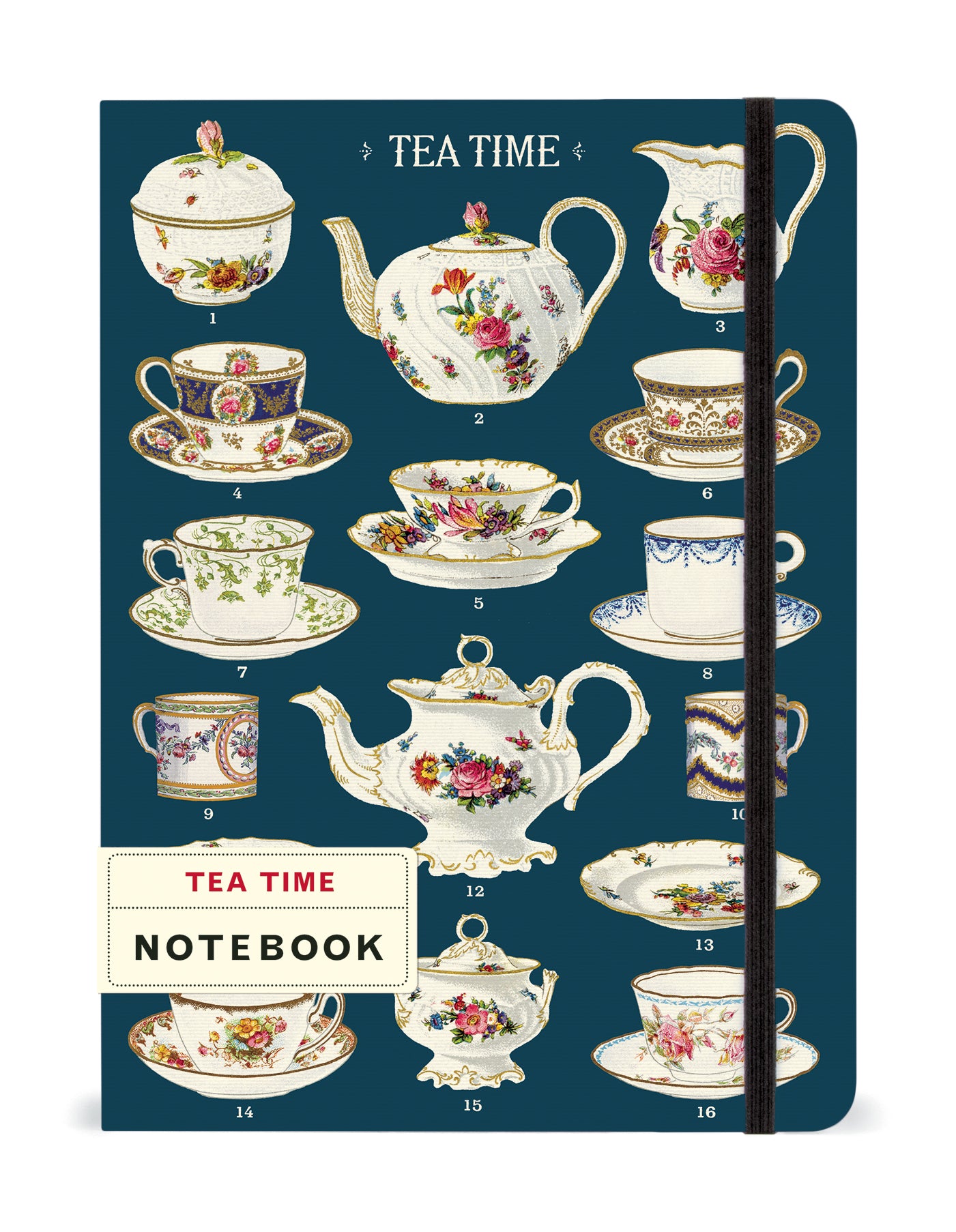 Tea Time Notebook with an elastic closure. by Cavallini featuring vintage images of china from the Cavallini archives.