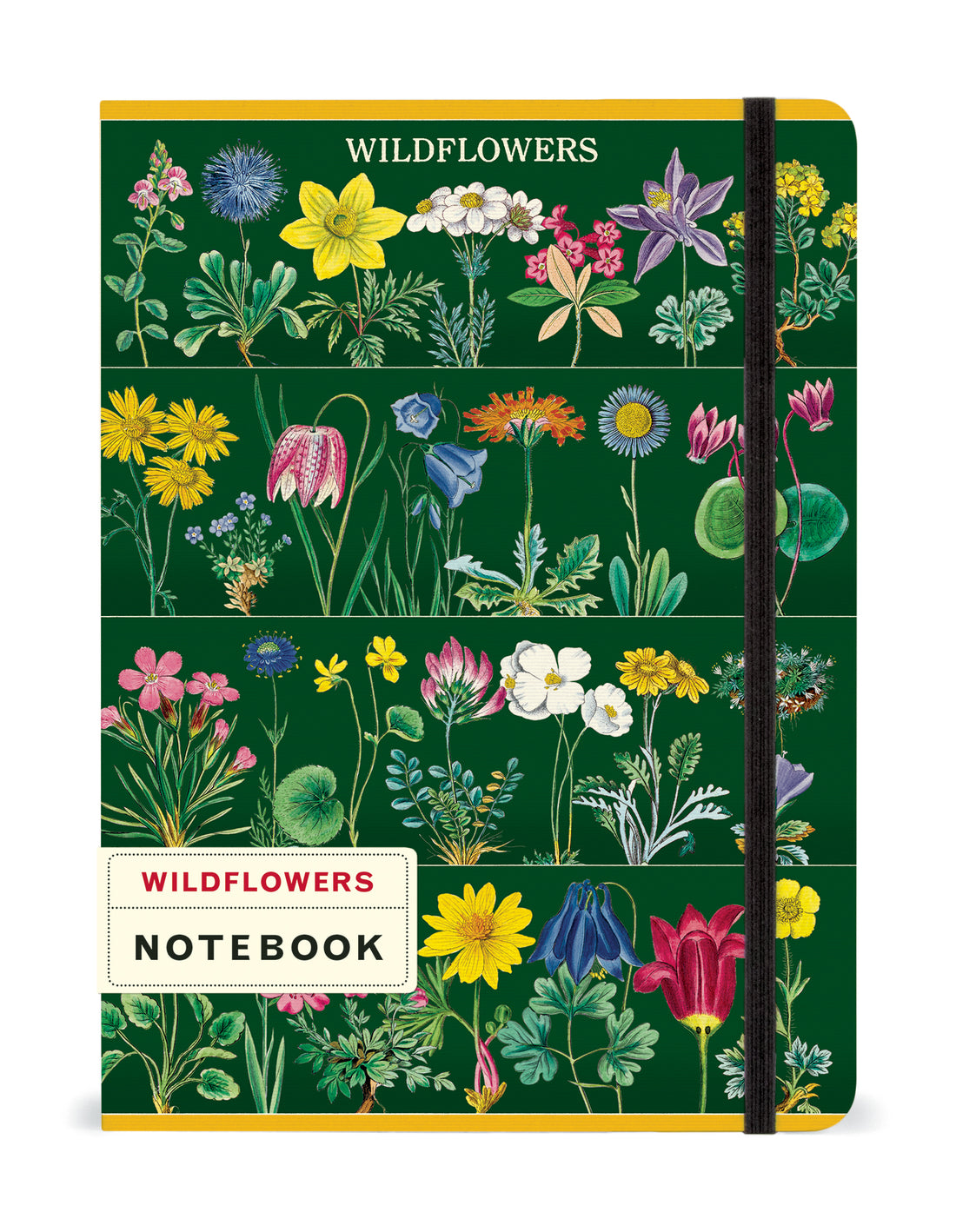 Wildflowers 2 Large Notebook by Cavallini with a label that says &quot;Wildflowers&quot; and &quot;Notebook&quot; and an elastic band.