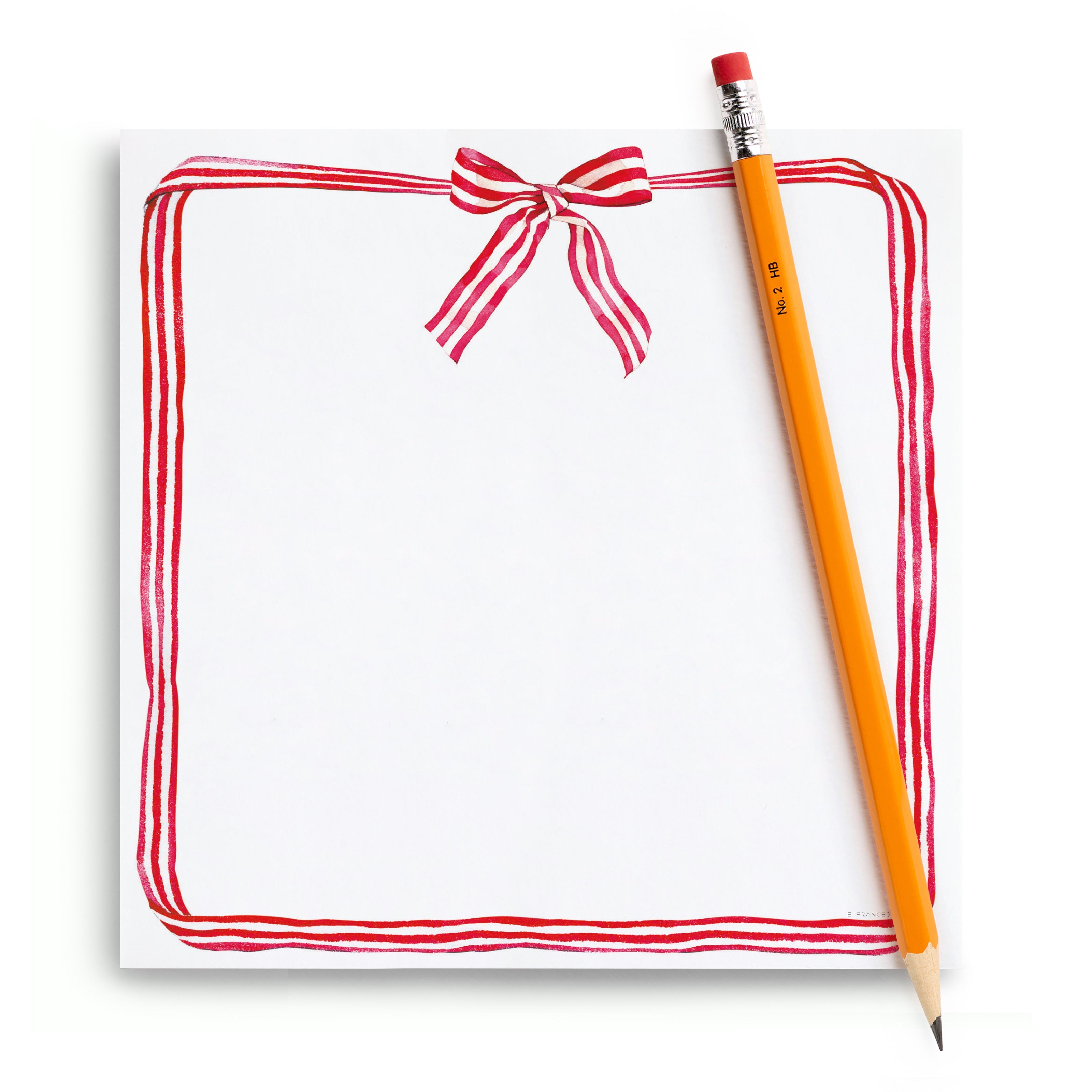 Square, white notepad with a candy stripe bow and ribbon design around the border and a no.2 pencil atop, on a white background.