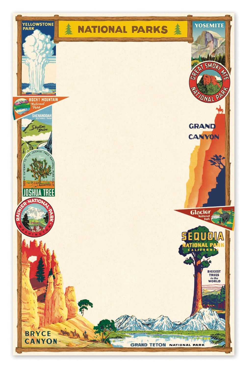 Cavallini Papers & Co National Park Notepad featuring illustrated stickers of U.S. national parks such as Yellowstone, Yosemite, Grand Canyon, and others for nature lovers.