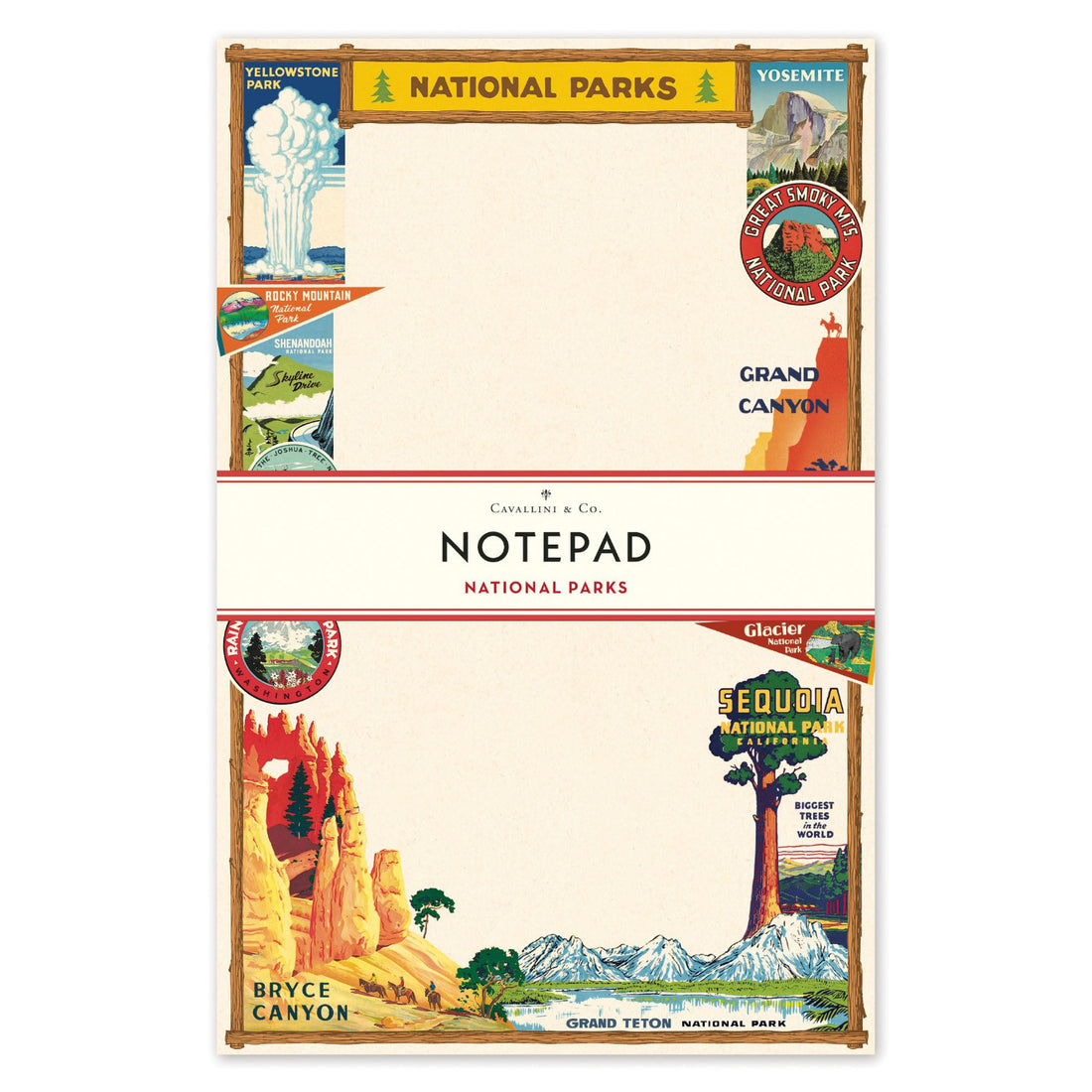A notepad with a theme of National Parks, featuring illustrations of natural landscapes and landmarks on each page.