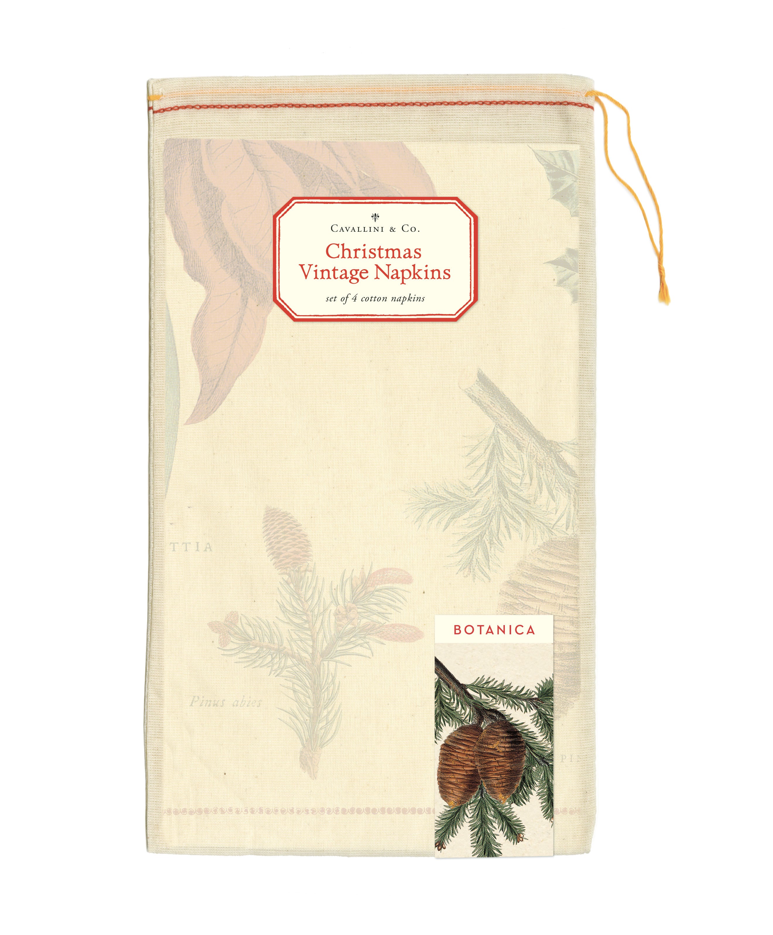 The Christmas Botanica Vintage Napkins packaged in a hand-sewn, drawstring muslin bag with the signature Cavallini sticker that reads "Christmas Vintage Napkins" and an image of pinecones with the words "Botanica" above it in red.