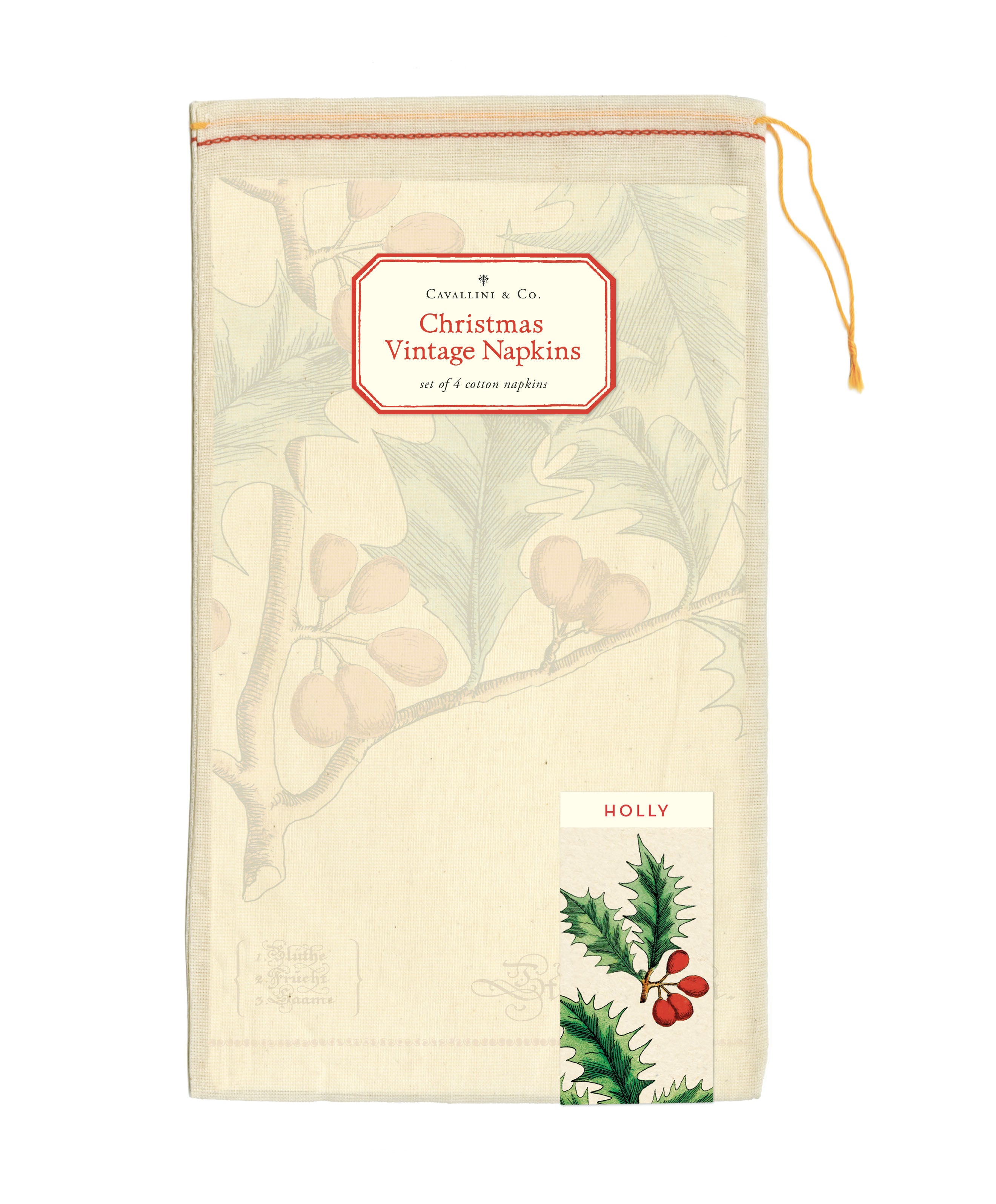 A holly leaf with red berries and leaves, depicted on 100% natural cotton Holly Napkins (set of 4) from the Cavallini Papers & Co archives.
