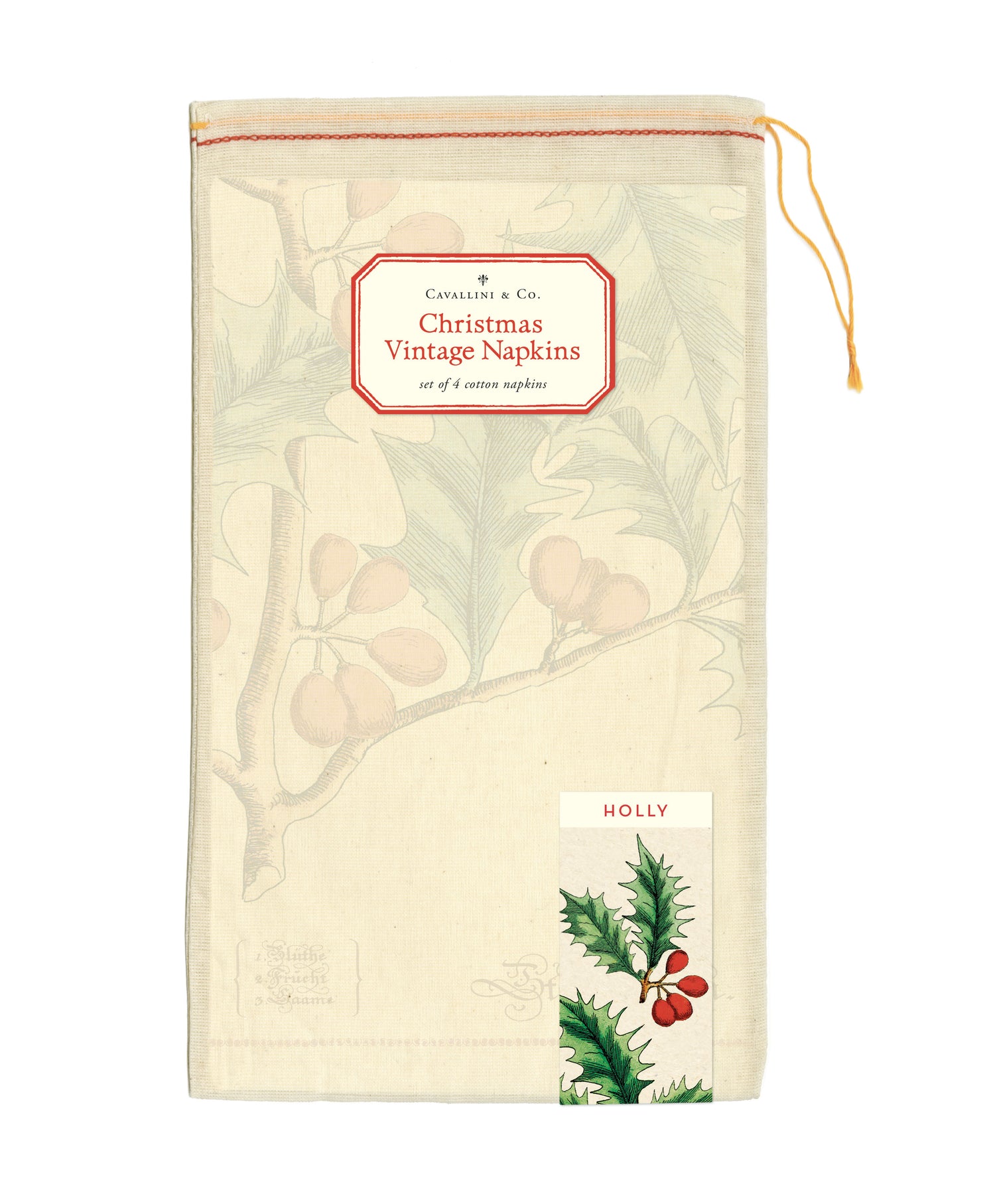 A holly leaf with red berries and leaves, depicted on 100% natural cotton Holly Napkins (set of 4) from the Cavallini Papers &amp; Co archives.