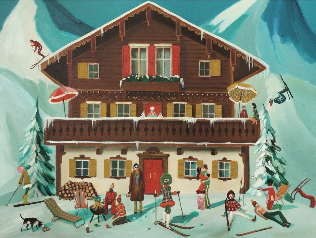 Beautiful painting by Janet Hill of skiers surrounding a mountain cabin. 