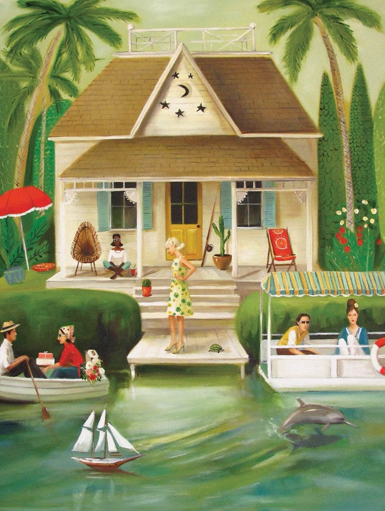 A Splendid Summer Home Puzzle of a whimsical painting by Janet Hill, depicting a house and people on the water, created by New York Puzzle Company.