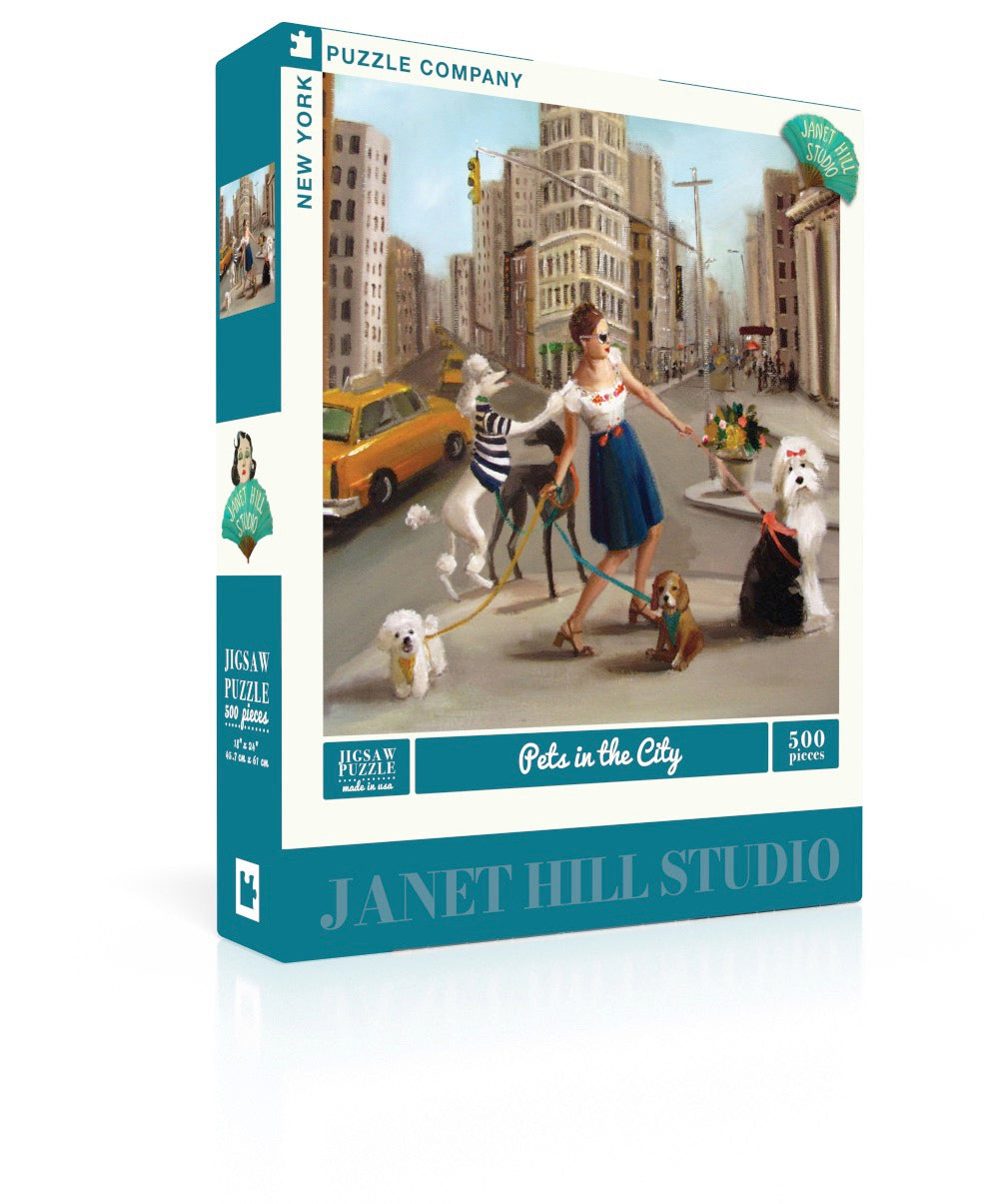 A puzzle featuring artwork by Janet Hill of a woman walking 5 dogs on a city street.