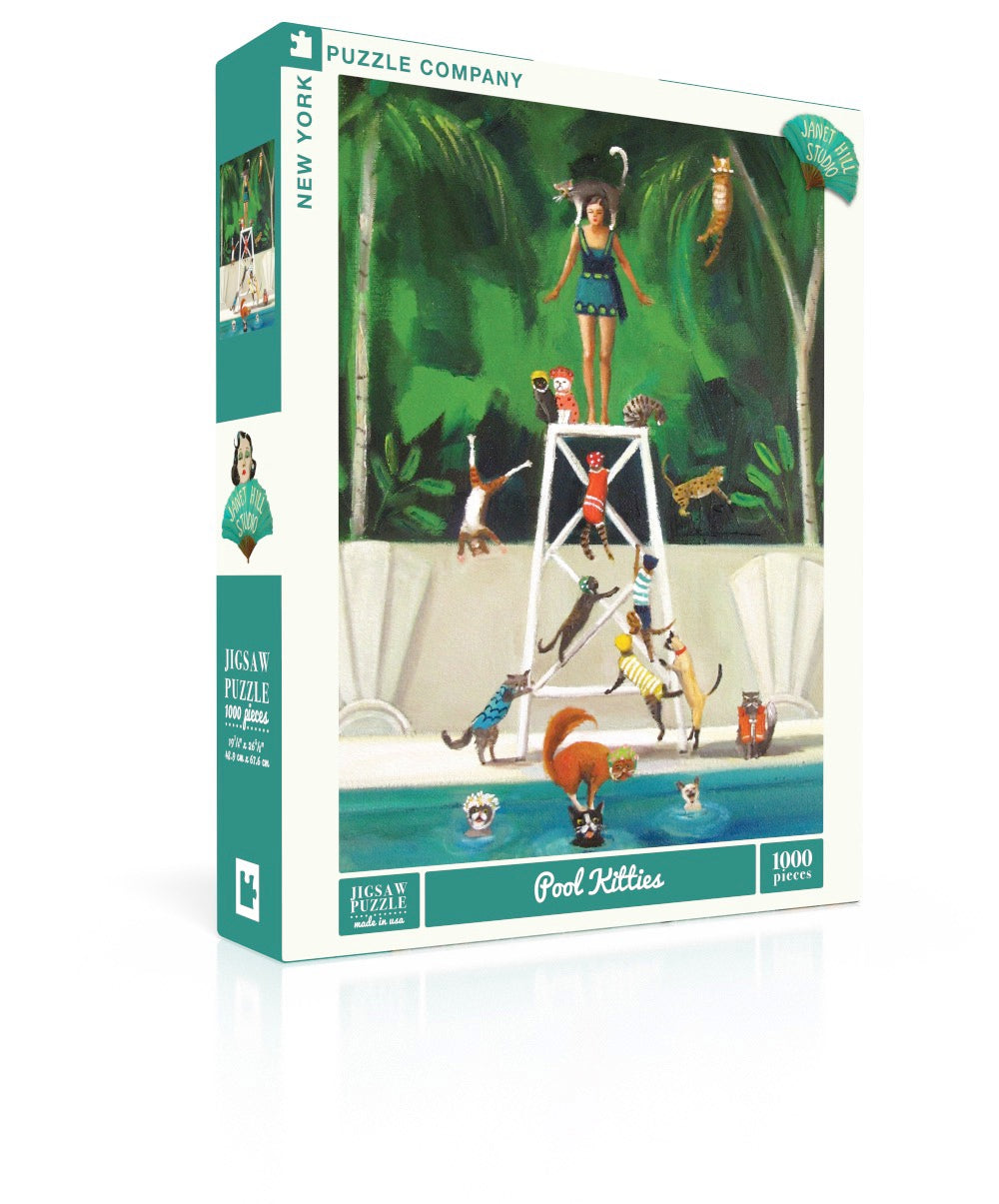 Puzzle featuring artwork by Janet Hill depicting a woman on a high dive surrounded by cats playing in the pool and climbing the high dive and her. 