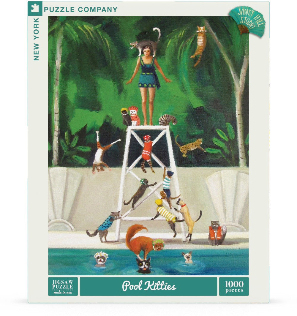 Puzzle featuring artwork by Janet Hill depicting a woman on a high dive surrounded by cats playing in the pool and climbing the high dive and her. 