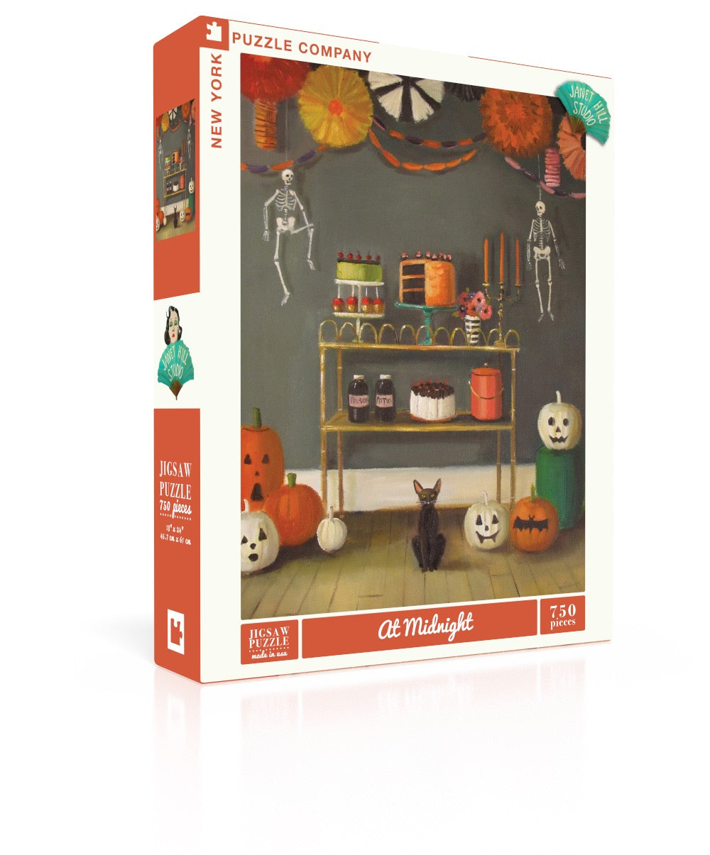 Puzzle box with Halloween-themed design featuring a bar cart and pumpkins.