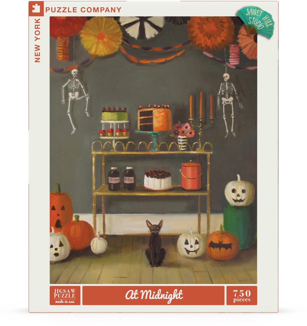 Halloween-themed puzzle box with skeletons, pumpkins, and a cat on a shelf.