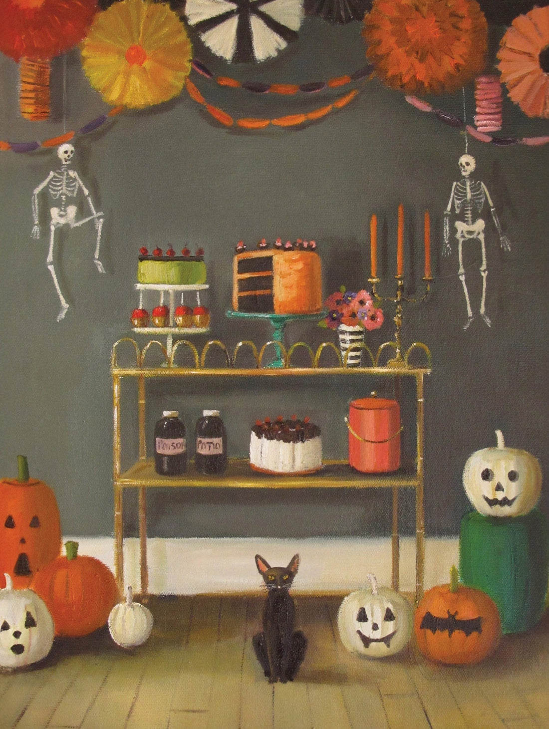 Artwork by Janet Hill featuring  a Halloween-themed room with a bar cart, pumpkins, and skeletons.