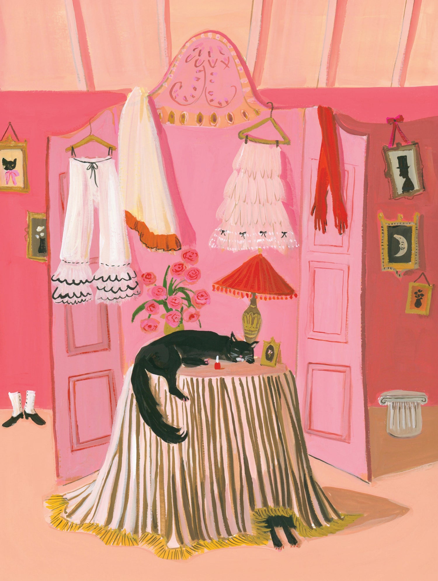 Puzzle with artwork of a cat sleeping on a round table with a dressing screen behind it in pink with clothes strewn over it.  Artwork by Janet Hill.